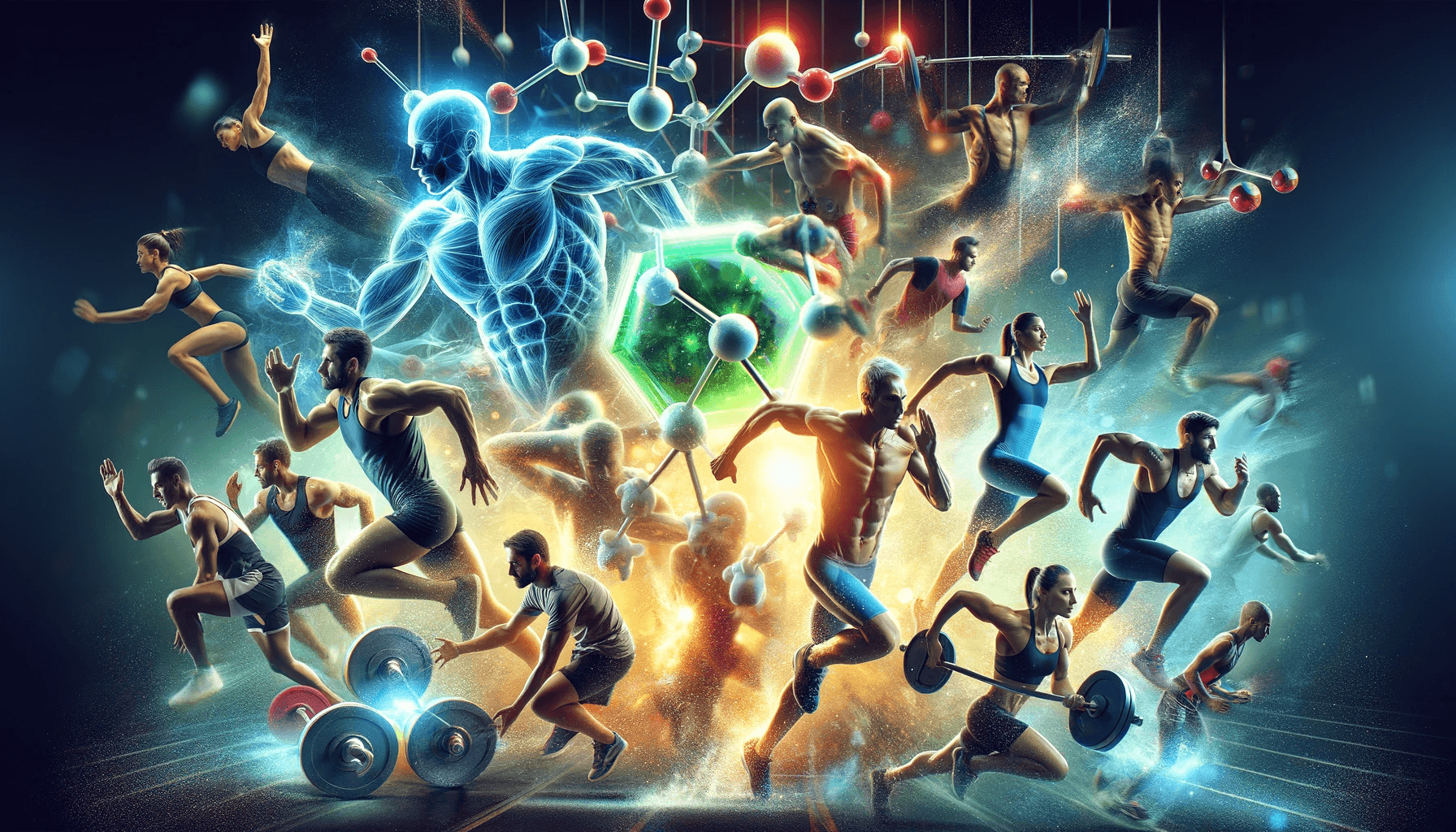 An action-packed image of athletes in various sports with a glowing Alpha GPC molecule enhancing their performance.