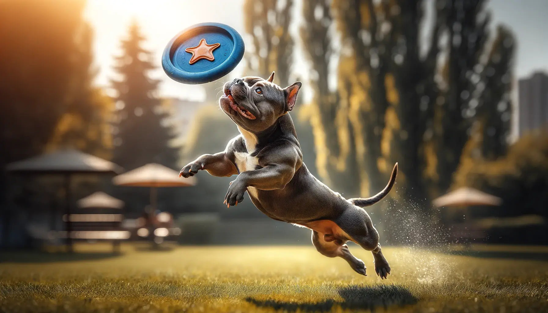 An action shot of a Pocket Bully catching a frisbee, displaying its agility and playful nature