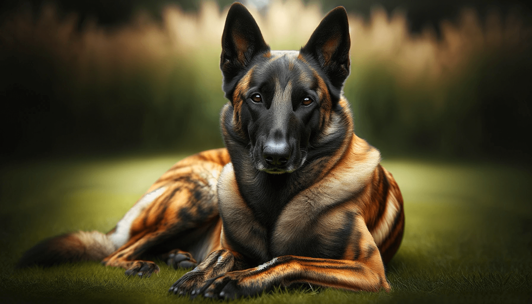 Rare Black Belgian Malinois lying down with a brindle coat, which includes a mix of black, brown, and tan colors.