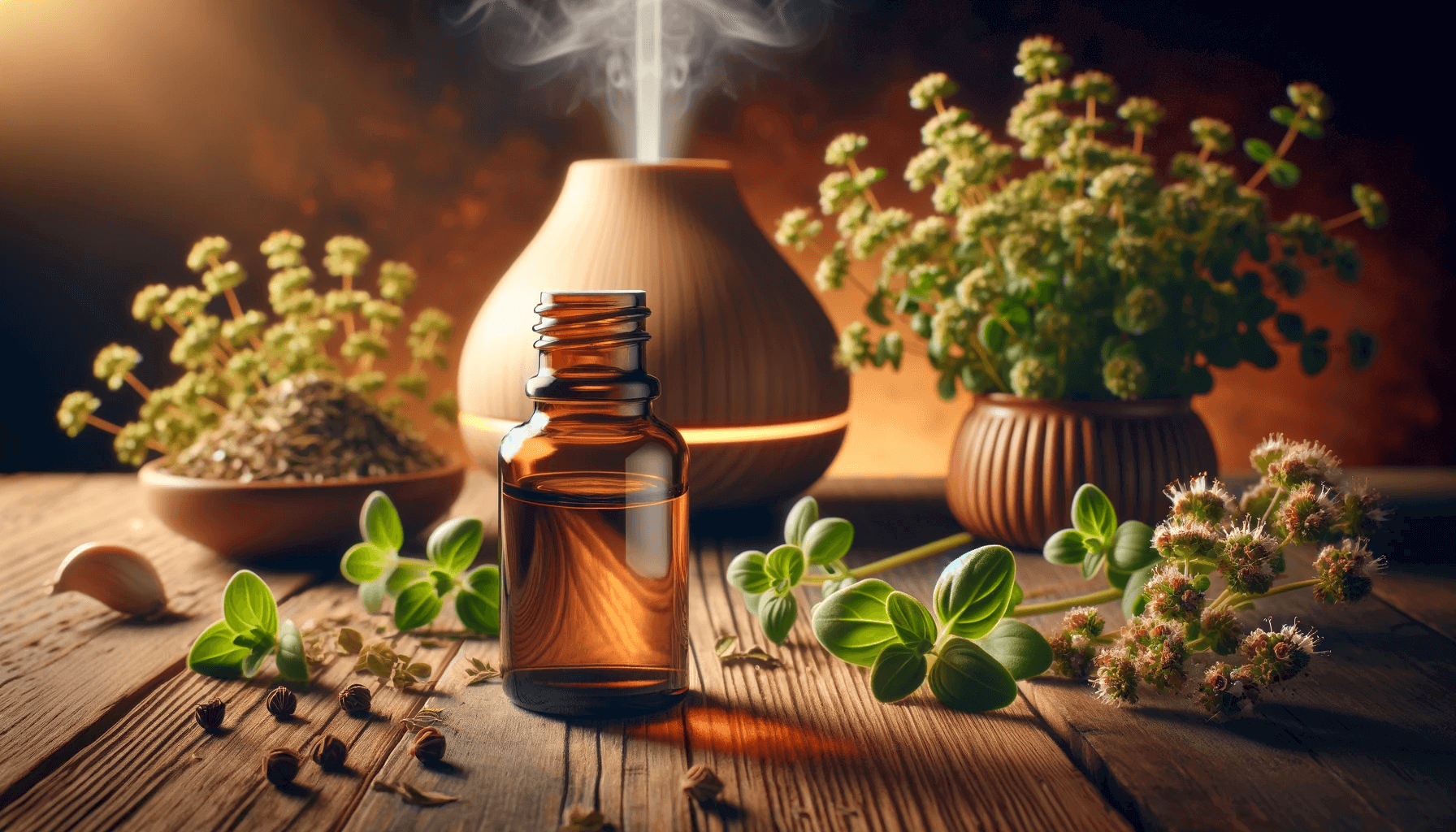 An amber bottle of oregano essential oil on a wooden table