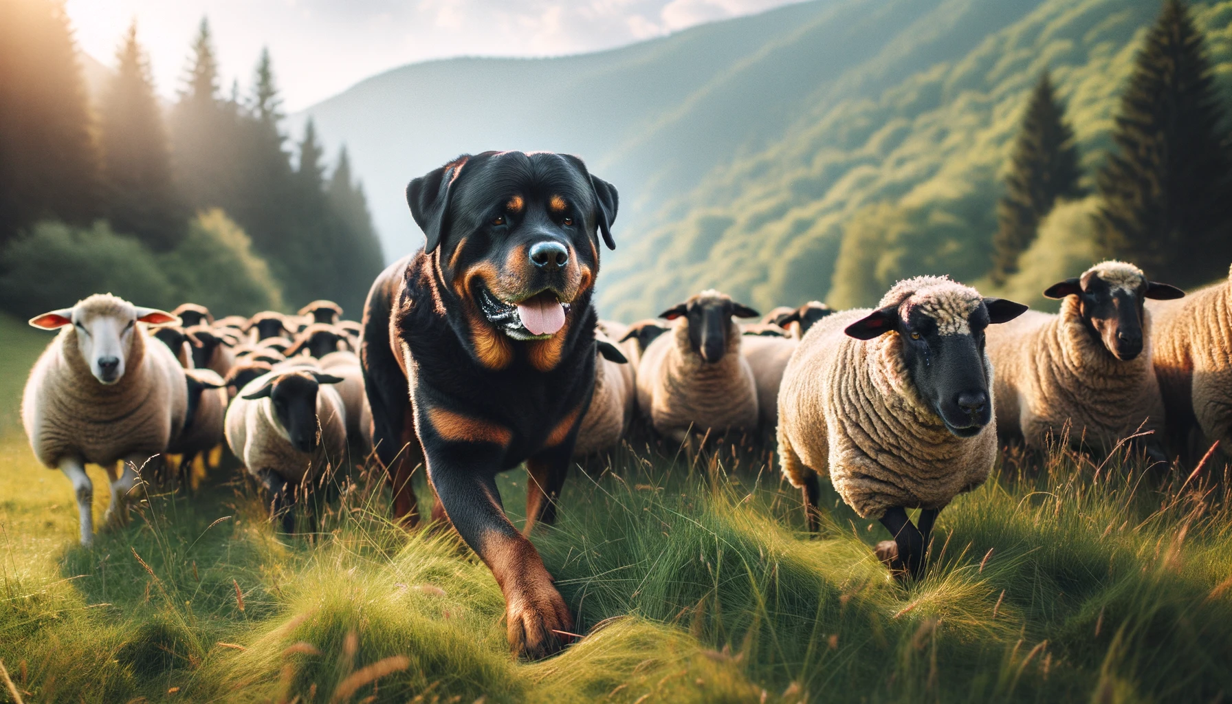 Rottweiler Lab Mix in a pastoral setting, herding livestock with focused intensity
