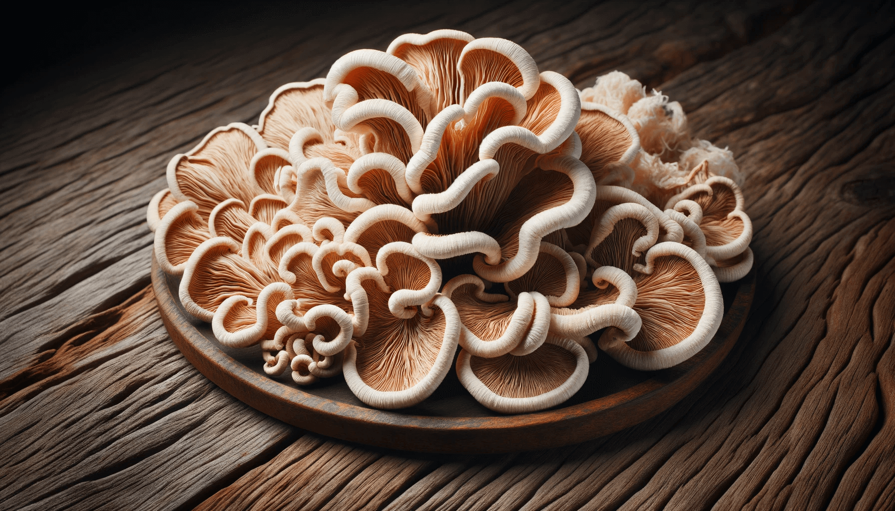 An arrangement of dried Lion's Mane mushroom slices on a rustic wooden surface, capturing the highly detailed and realistic texture as seen in the provided image.