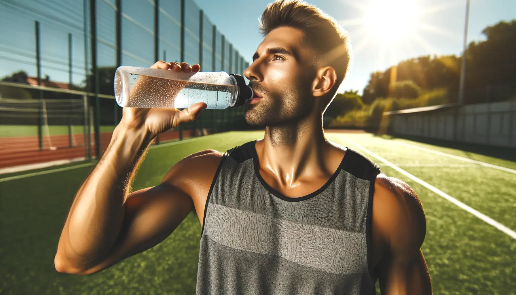 An athlete drinking a refreshing electrolyte-infused water after a workout, highlighting the athletic benefits of Betaine