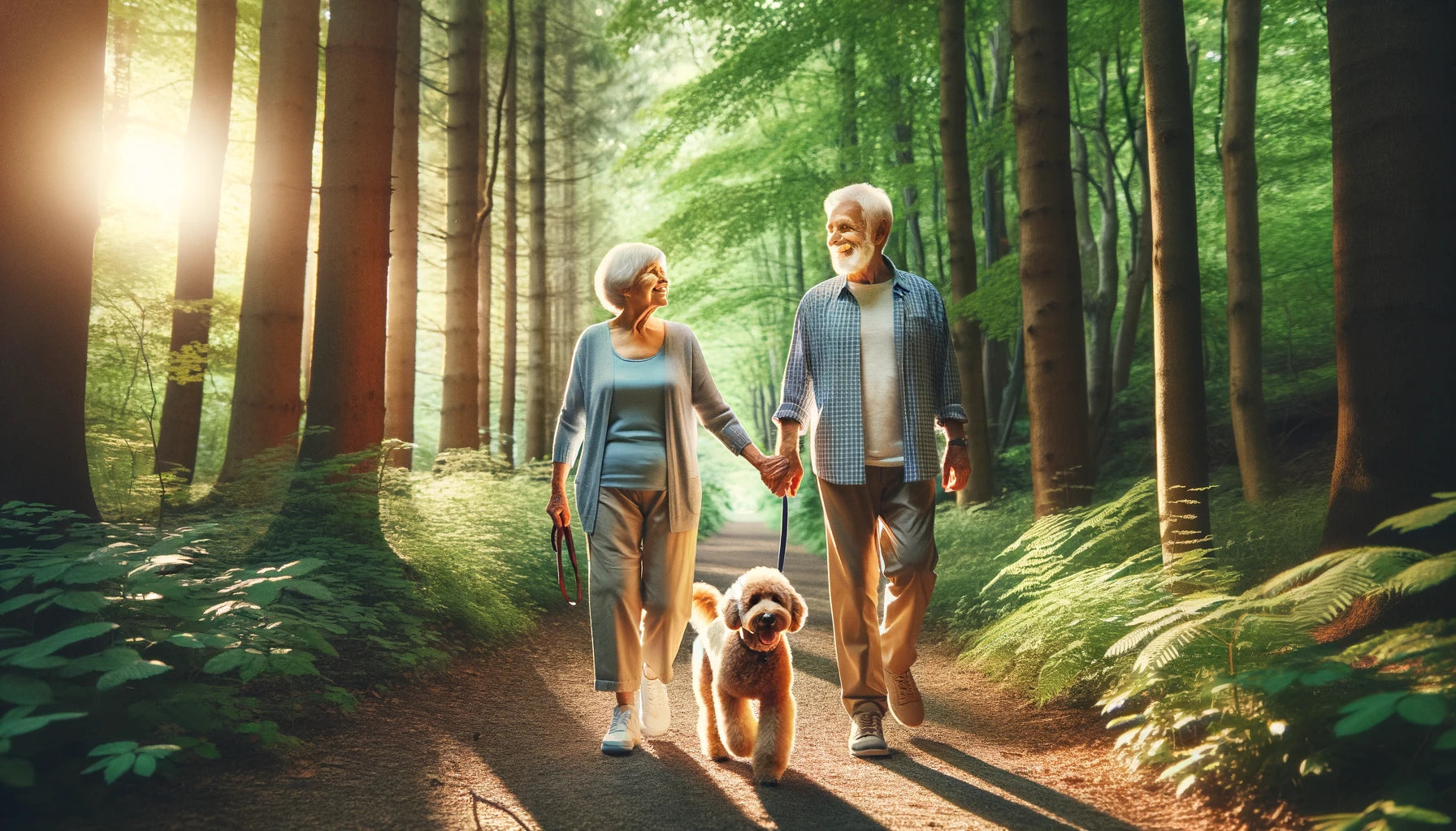 Elderly couple walking hand in hand on a nature trail, their Mini Goldendoodle leading the way.
