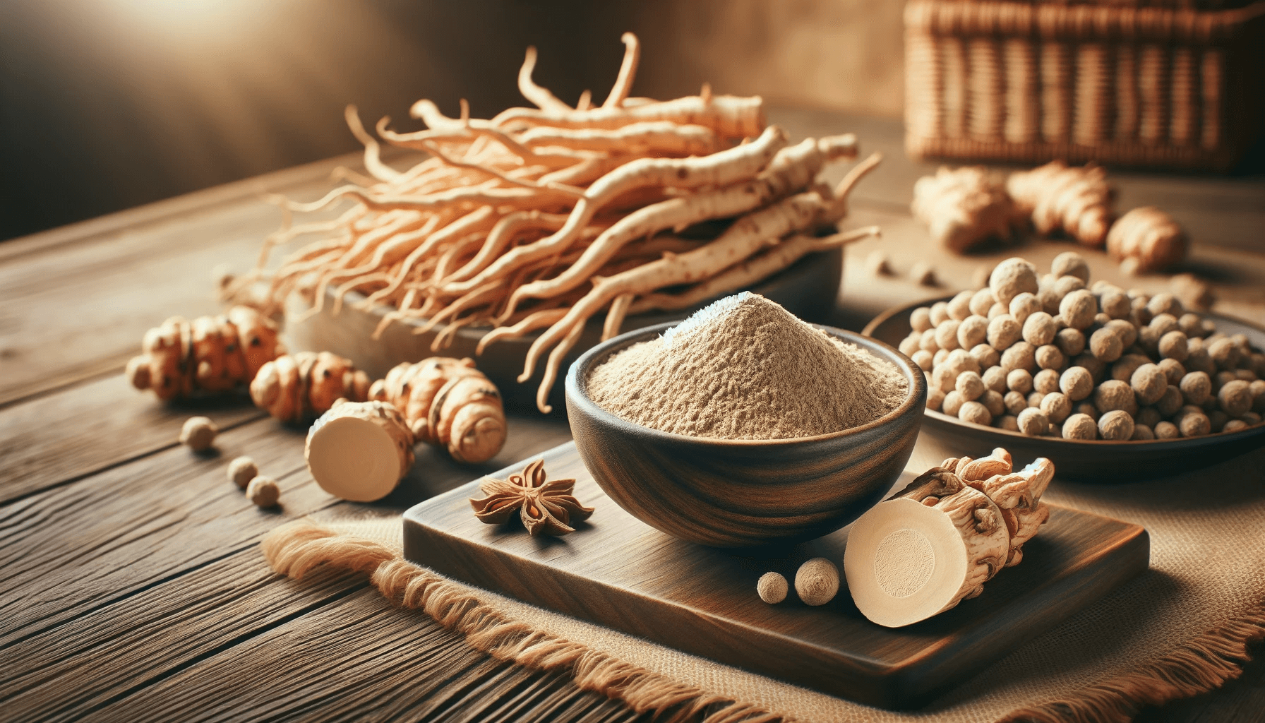 Elegant display of Ashwagandha powder next to its raw root form