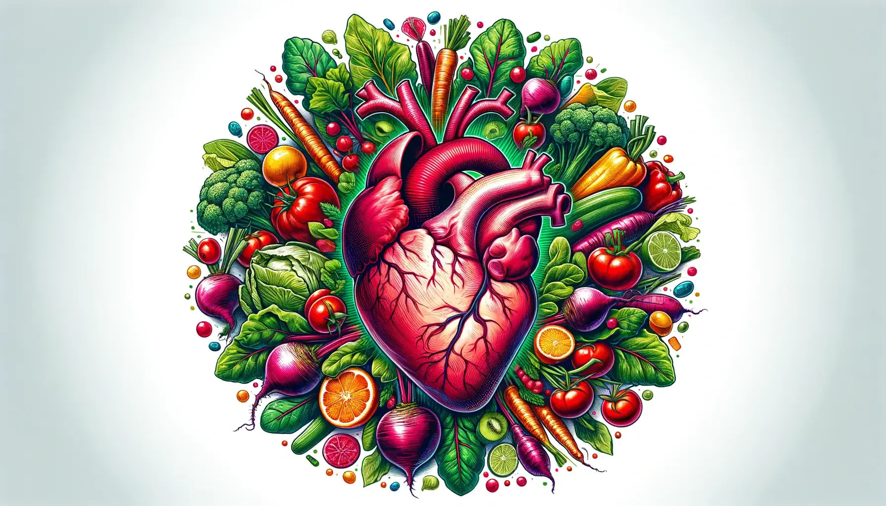 An illustration of a healthy human heart surrounded by vegetables and fruits, emphasizing Betaine's heart health benefits