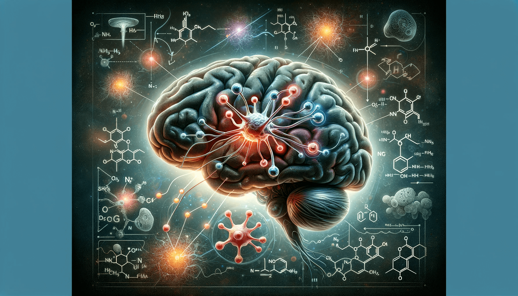 An image depicting a brain with scientific symbols like neurons and neurotransmitters illustrating how Alpha GPC works.