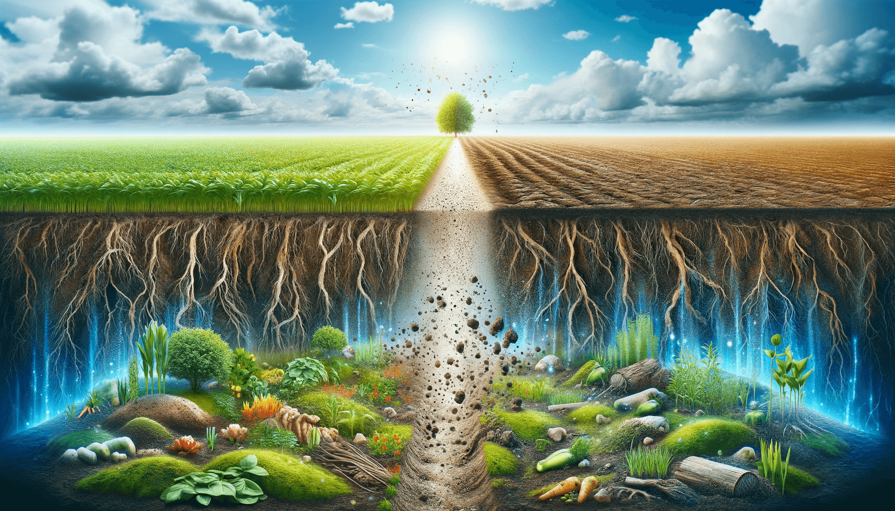 An impactful image showing the process of soil remediation with the use of fulvic acid