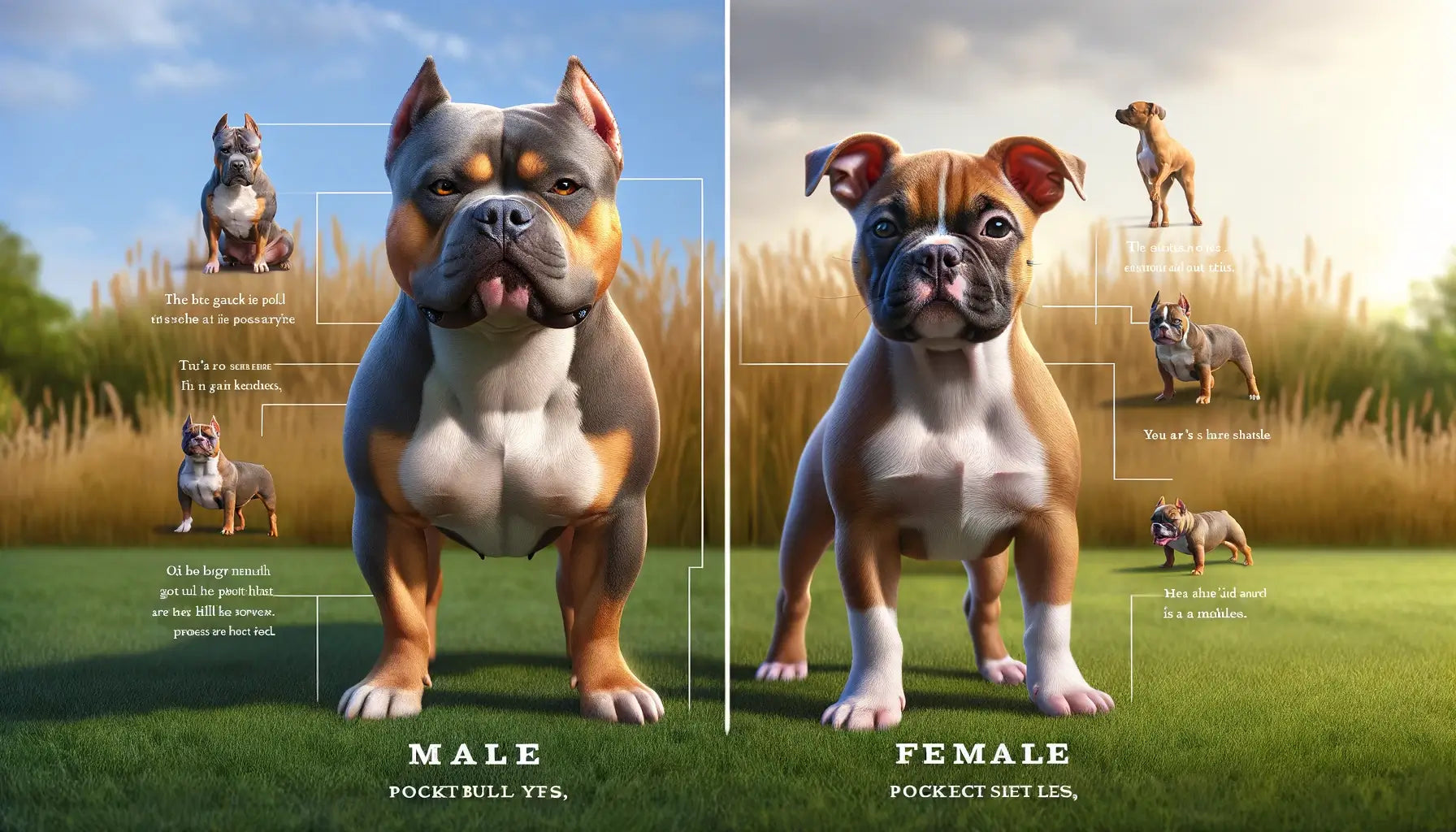 An informative split image that on one side shows a male Pocket Bully characterized by a more muscular build.