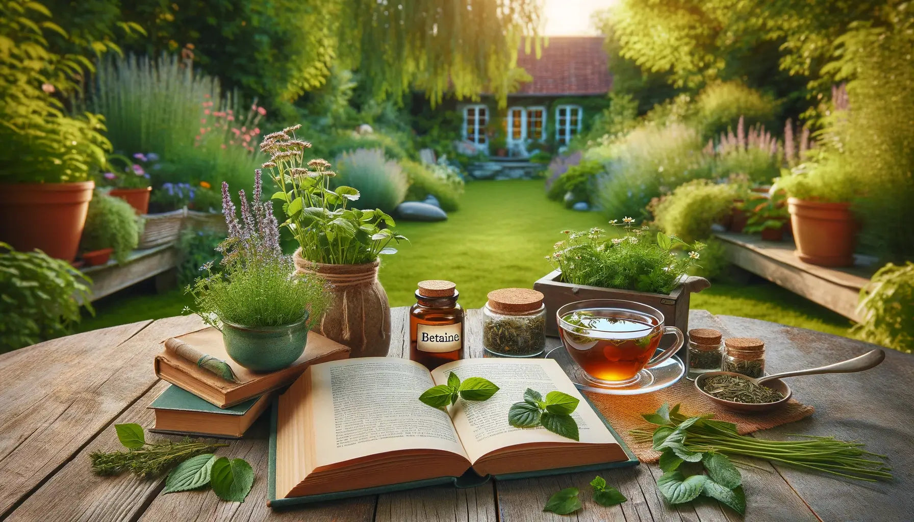 An open book and a relaxing cup of herbal tea on a garden table, connecting Betaine with mental wellness and relaxation