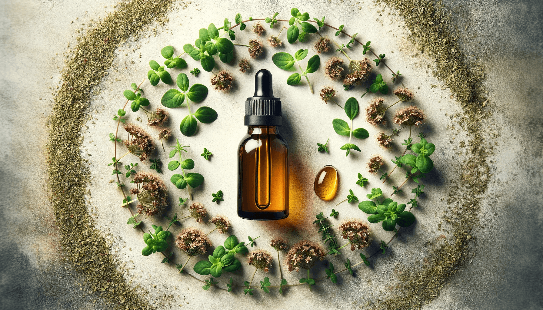 An overhead shot of an open oregano oil bottle with a dropper surrounded by a circle of fresh and dried oregano, showcasing the essence of this herbal product.