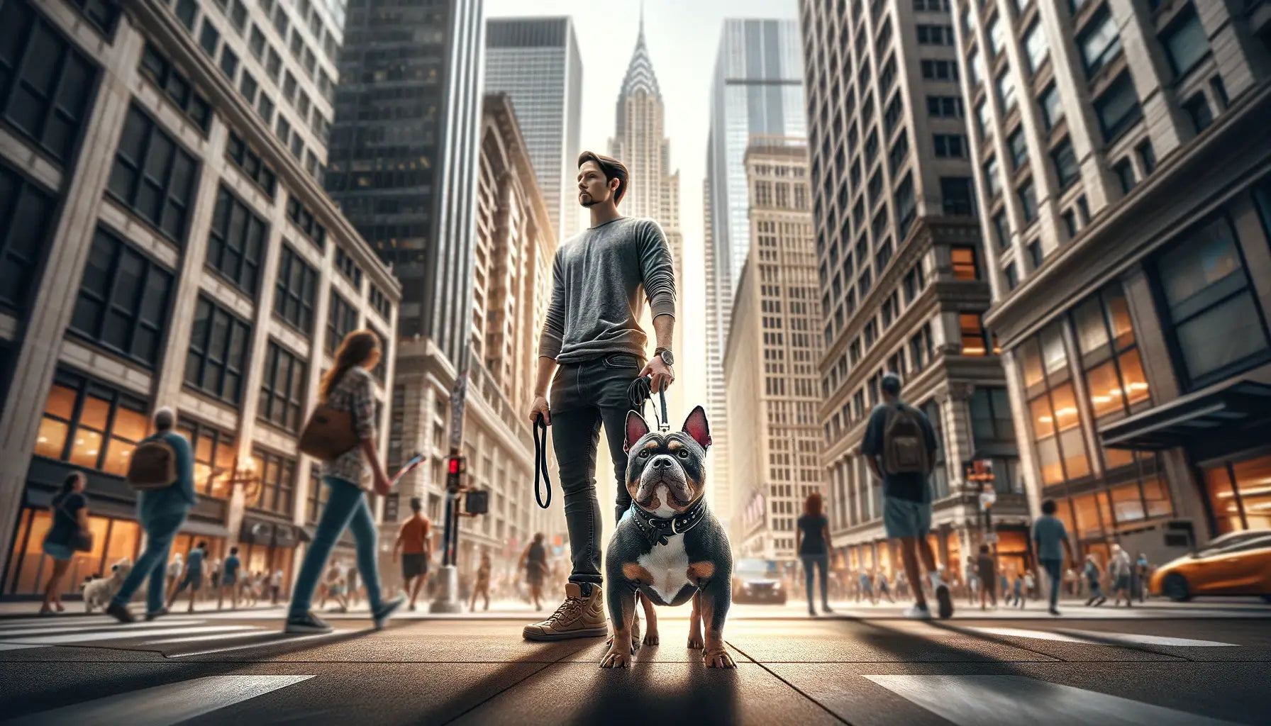 An urban scene with a Pocket Bully on a leash, showing how they adapt to city living