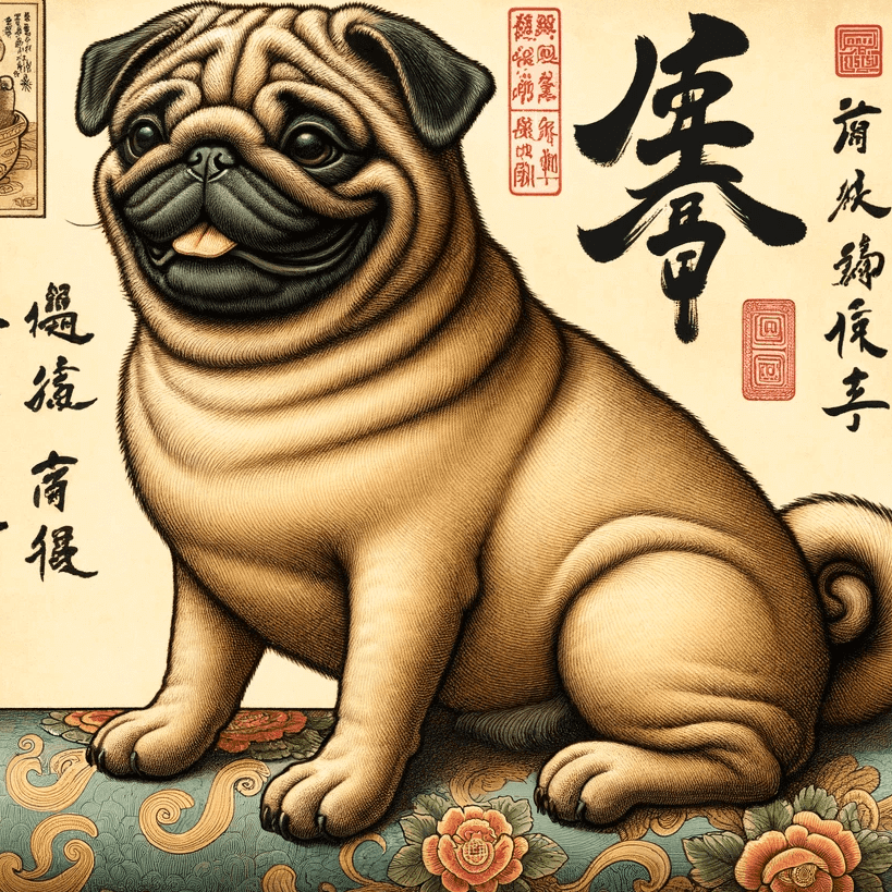 Ancient Chinese scroll featuring a Pug