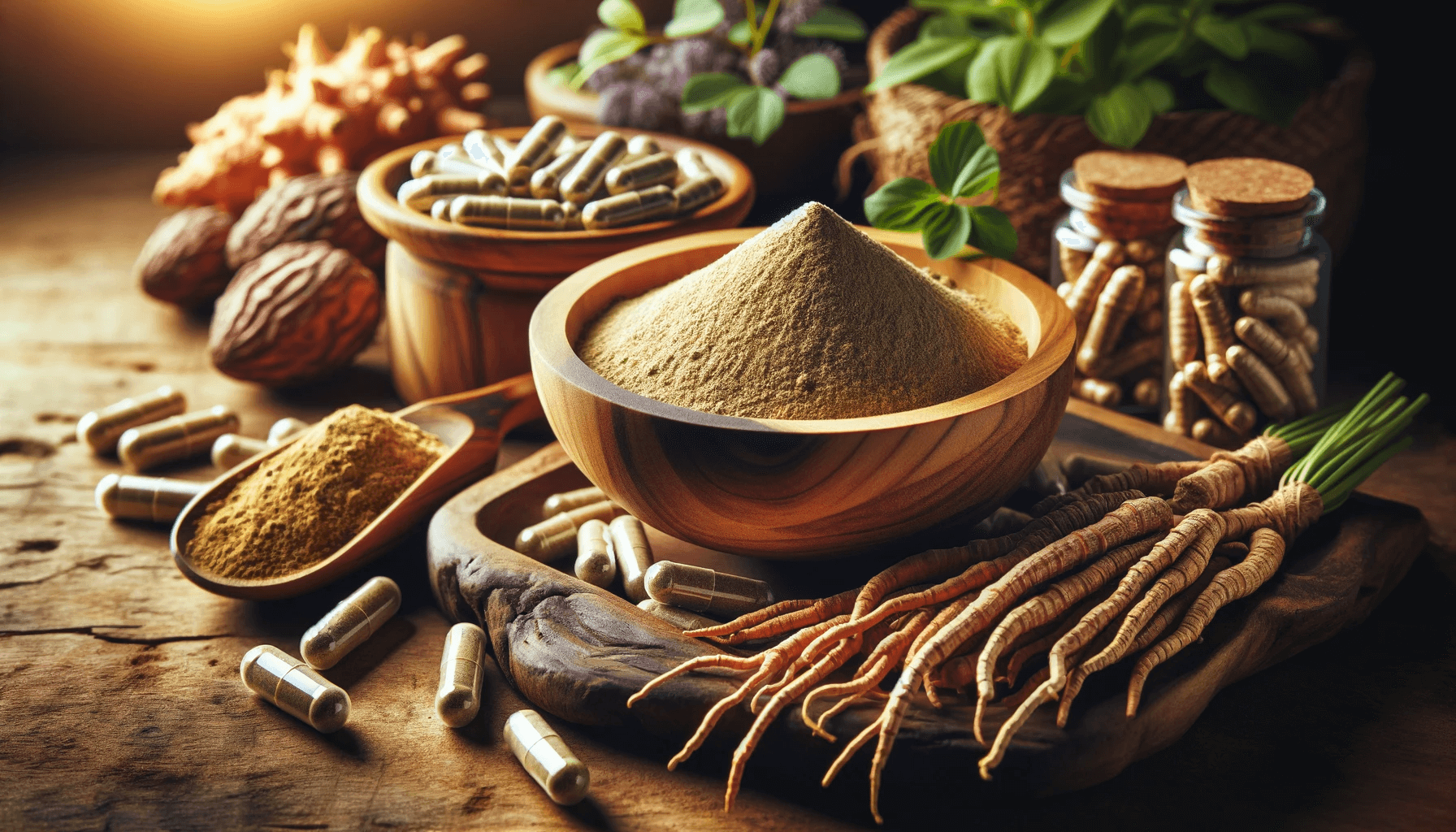 Ashwagandha powder in a wooden bowl, capsules, and loose roots