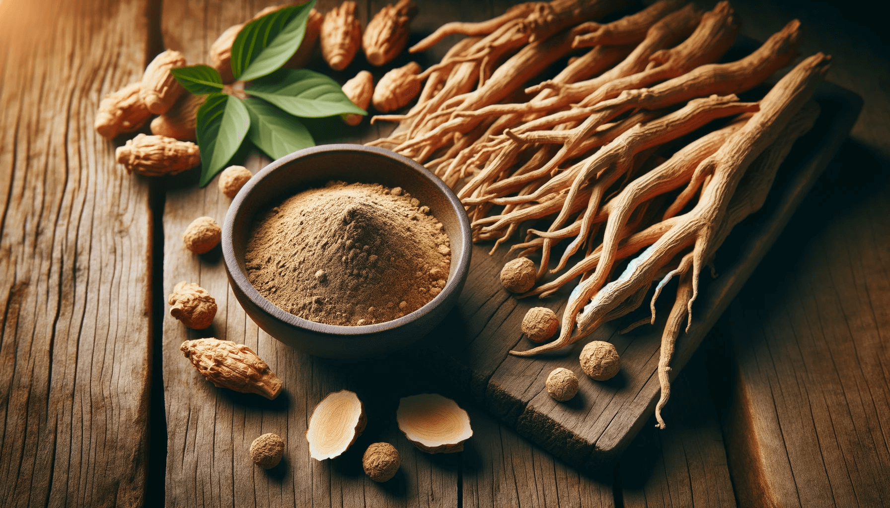 Ashwagandha roots next to a bowl of its powder on a wooden background