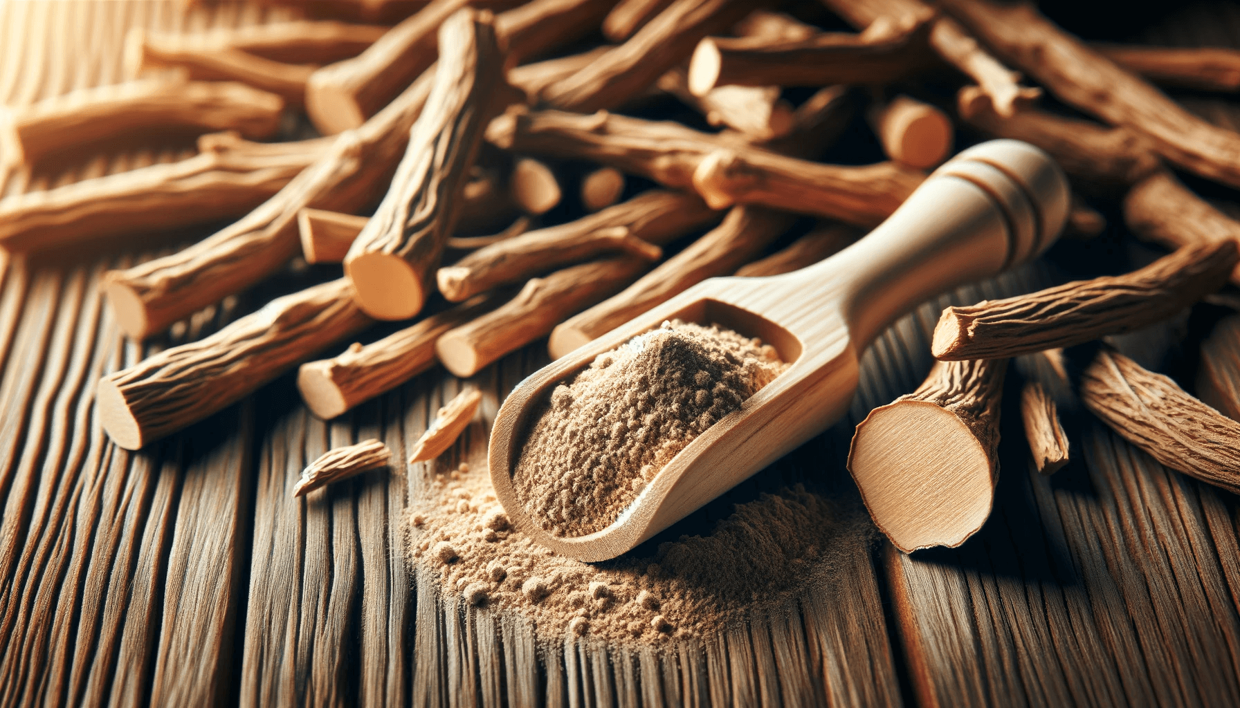 Ashwagandha sticks and powder on a wooden surface