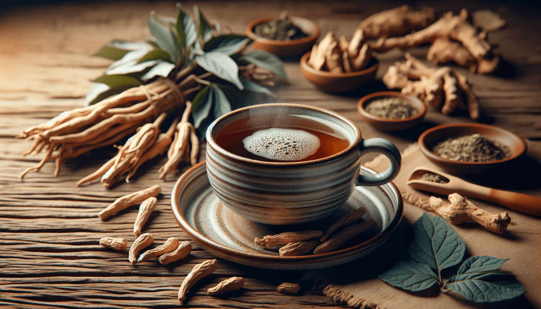 Ashwagandha tea in a ceramic cup on a wooden table