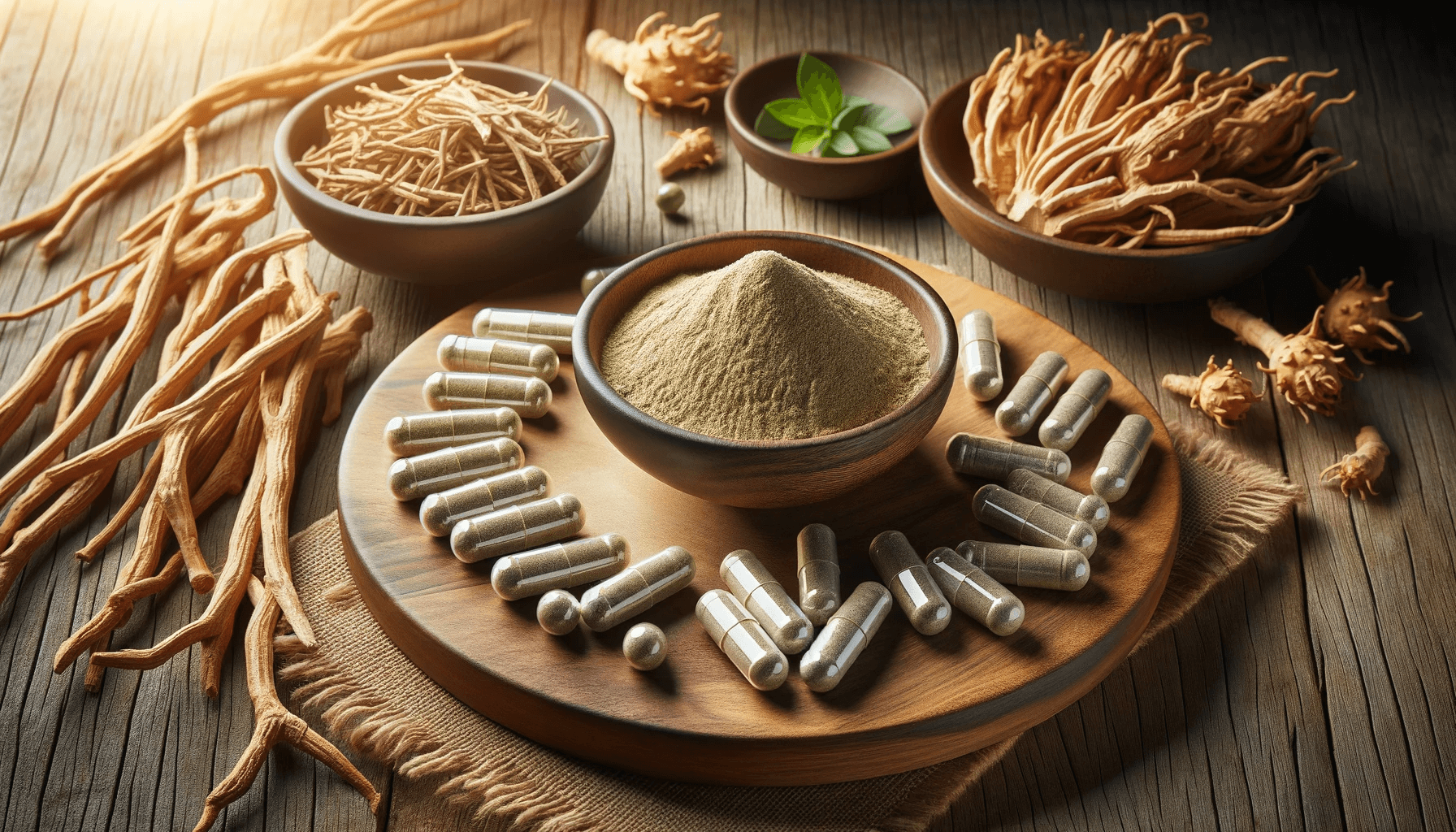 Ashwagandha powder in a bowl, capsules, and raw sticks on a wooden board