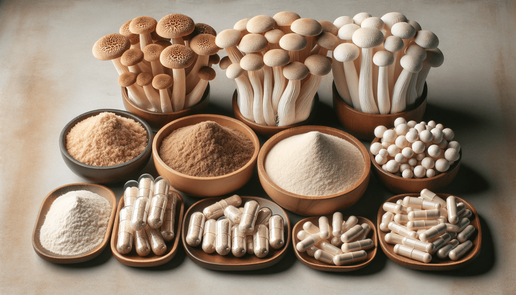 Assorted Lion's Mane mushroom products displayed side by side, including whole mushrooms, powder, and capsules, to illustrate the variety of ways to integrate this nootropic into your diet