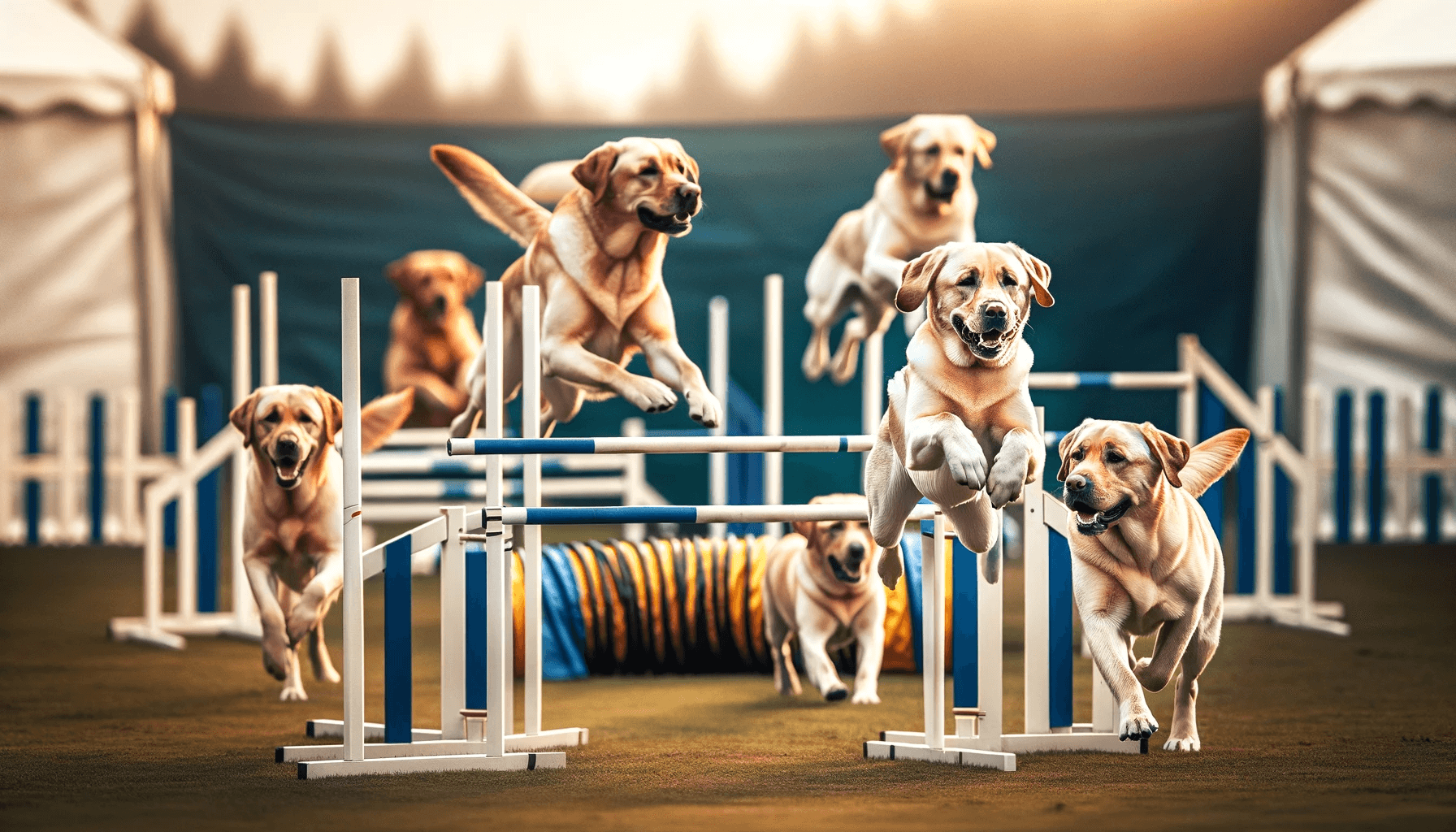 Athletic Labrador Retrievers in action at a canine agility course, demonstrating their agility and intelligence.