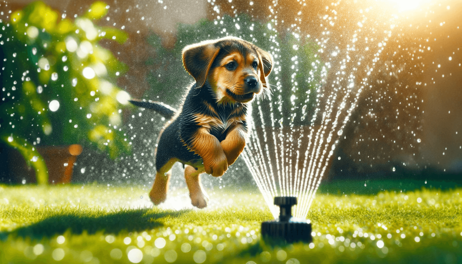 Playful Beagle Lab Mix (Beadador) puppy eagerly jumping through a sprinkler surrounded by a burst of water droplets catching the sunlight