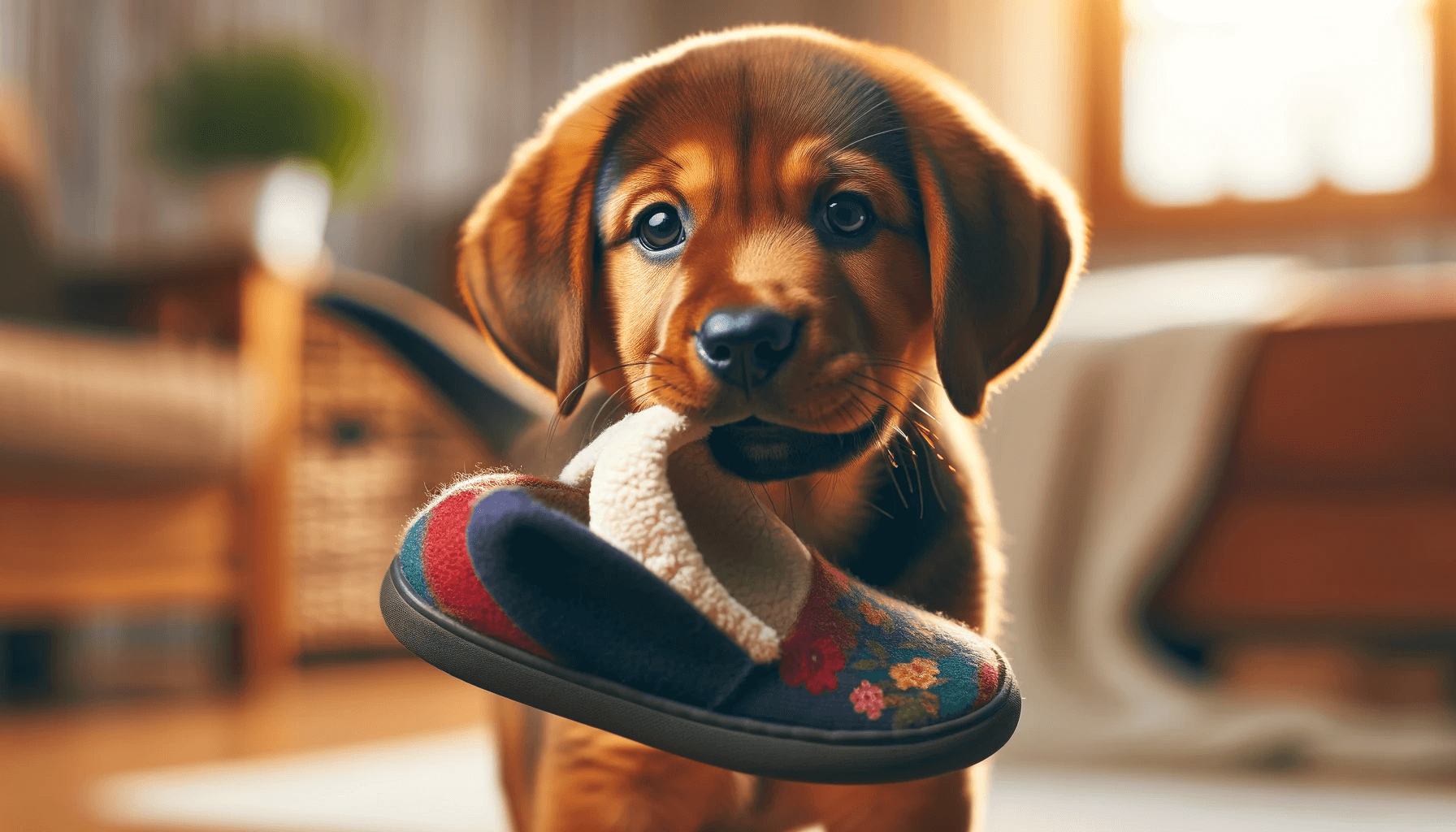 Adorable Beagle Lab Mix (Beadador) puppy gently holding a slipper in its mouth, looking like it's offering it as a gift