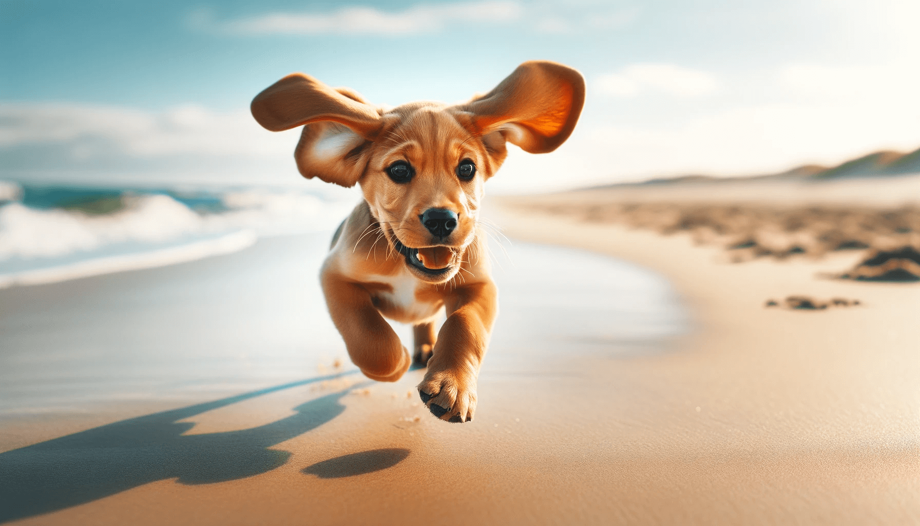 Playful Beagle Lab Mix (Beadador) puppy with its ears flapping, running wildly across a sandy beach