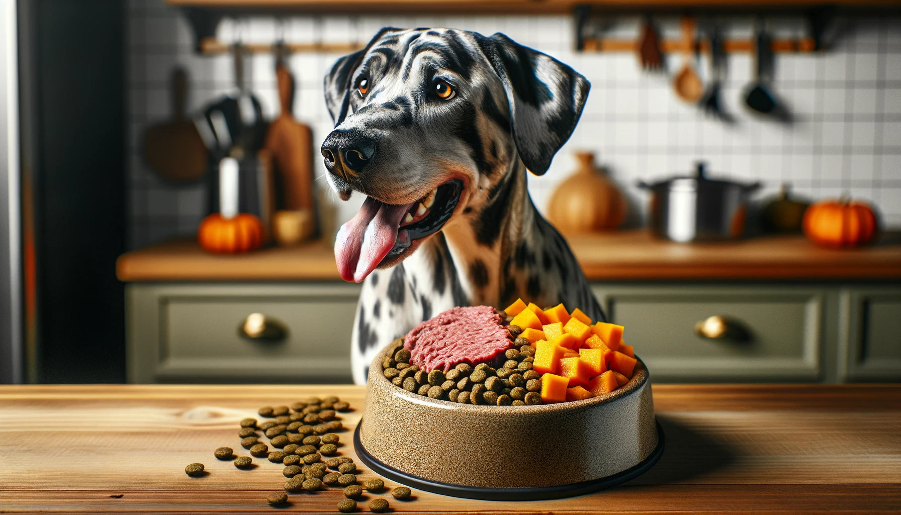 Beef Pumpkin Kibble Topper in a dog's bowl with a Catahoula Leopard Dog sitting next to it.