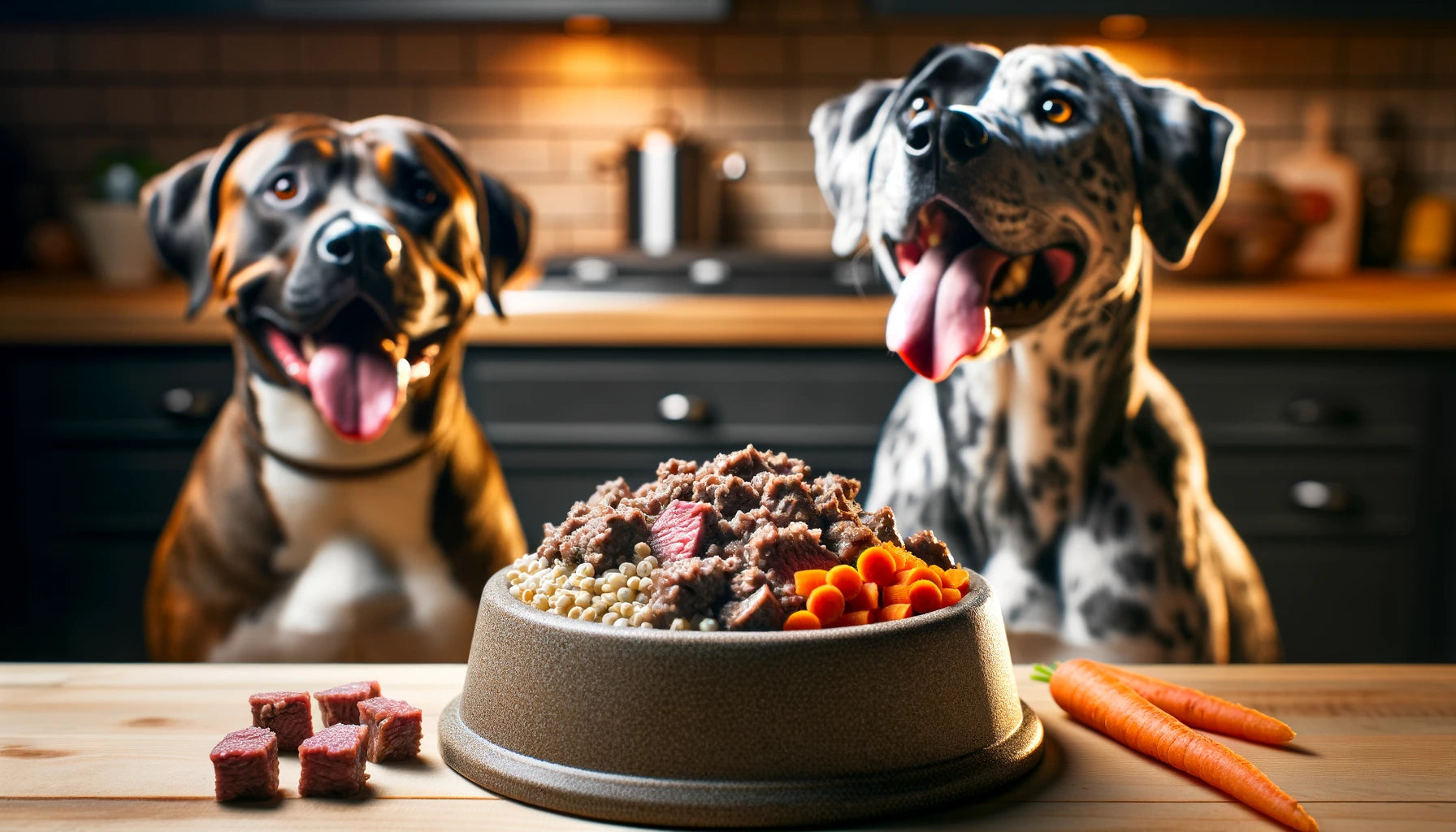 Beefy Barley Bowl in a dog's bowl with a Catahoula Leopard Dog sitting next to it.