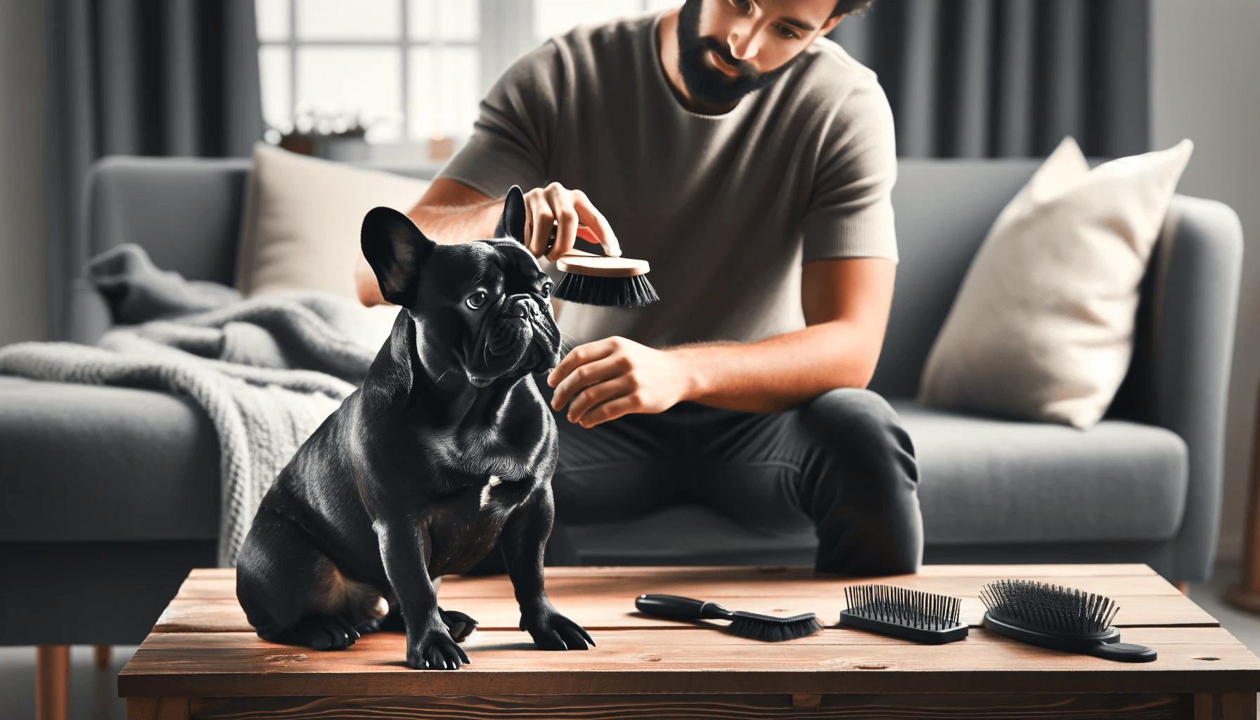 Black French Bulldog Being Groomed