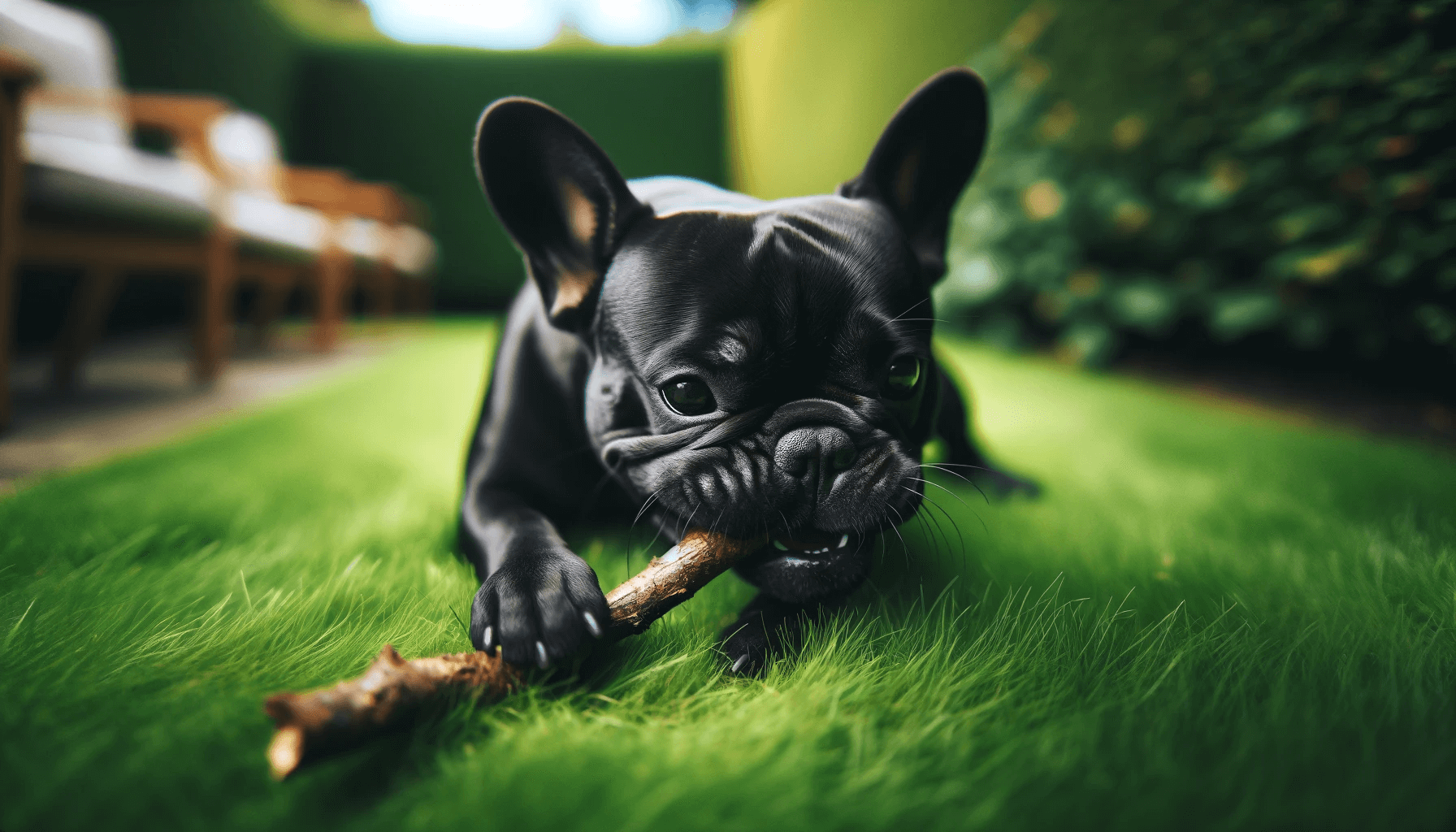 Black French Bulldog Chews on a Stick in a Moment of Play on a Well-maintained Lawn