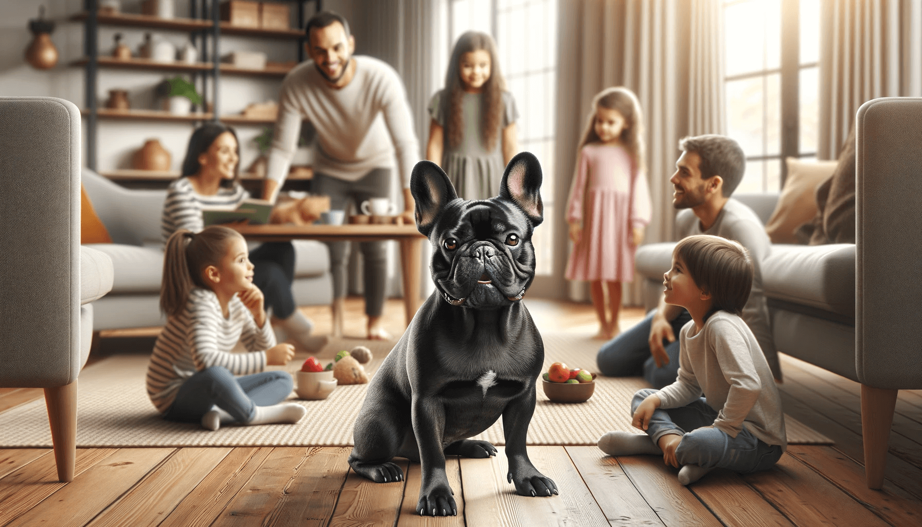 Black French Bulldog in a Family Setting