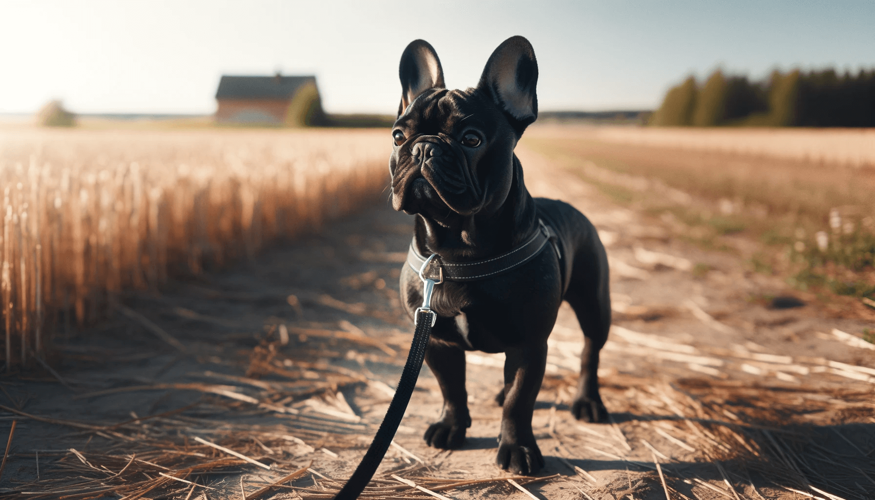 Black French Bulldog on a Leash Outdoors