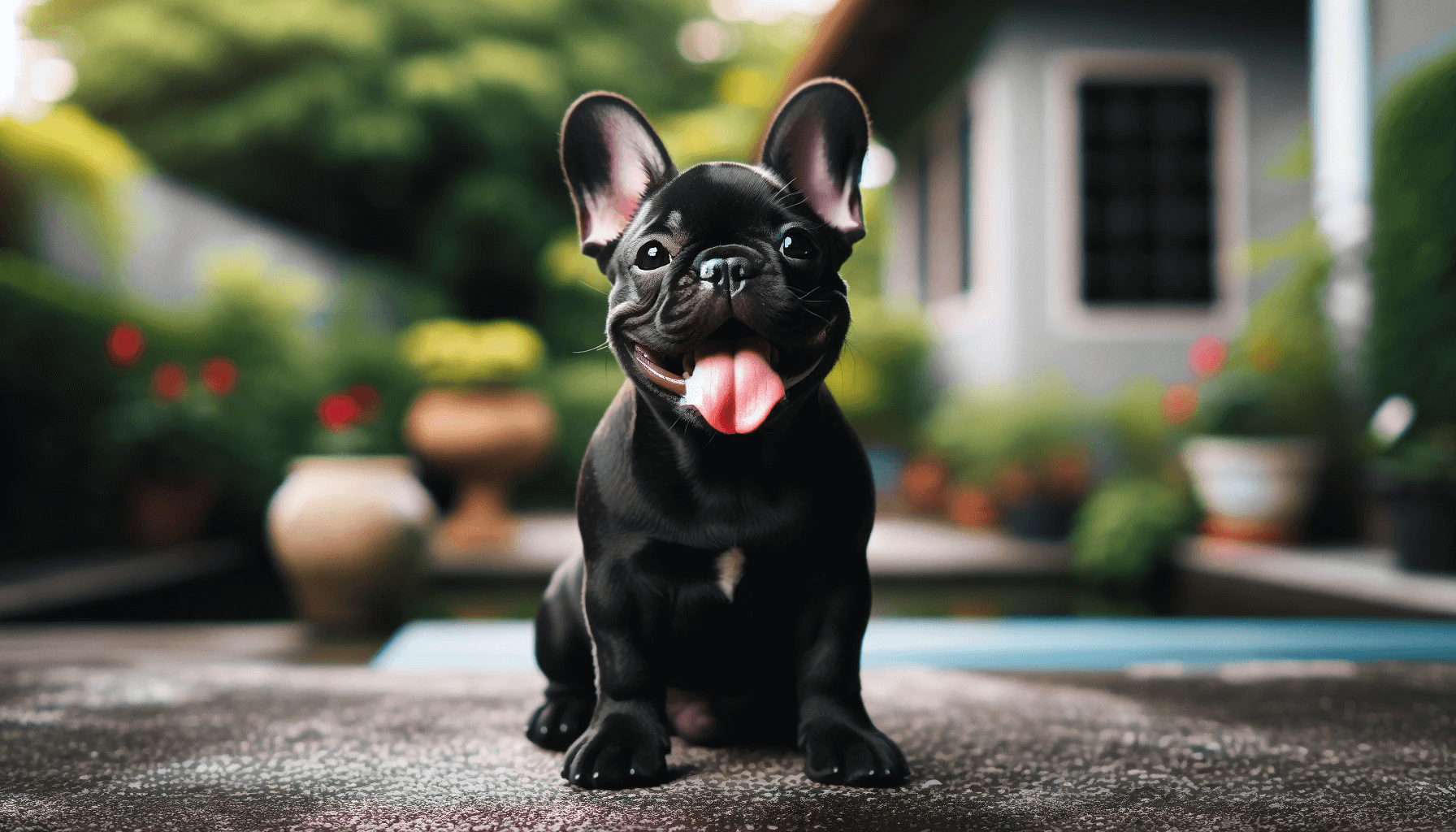 Black French Bulldog Sitting on Concrete with Tongue Out, Blurred Garden in the Background