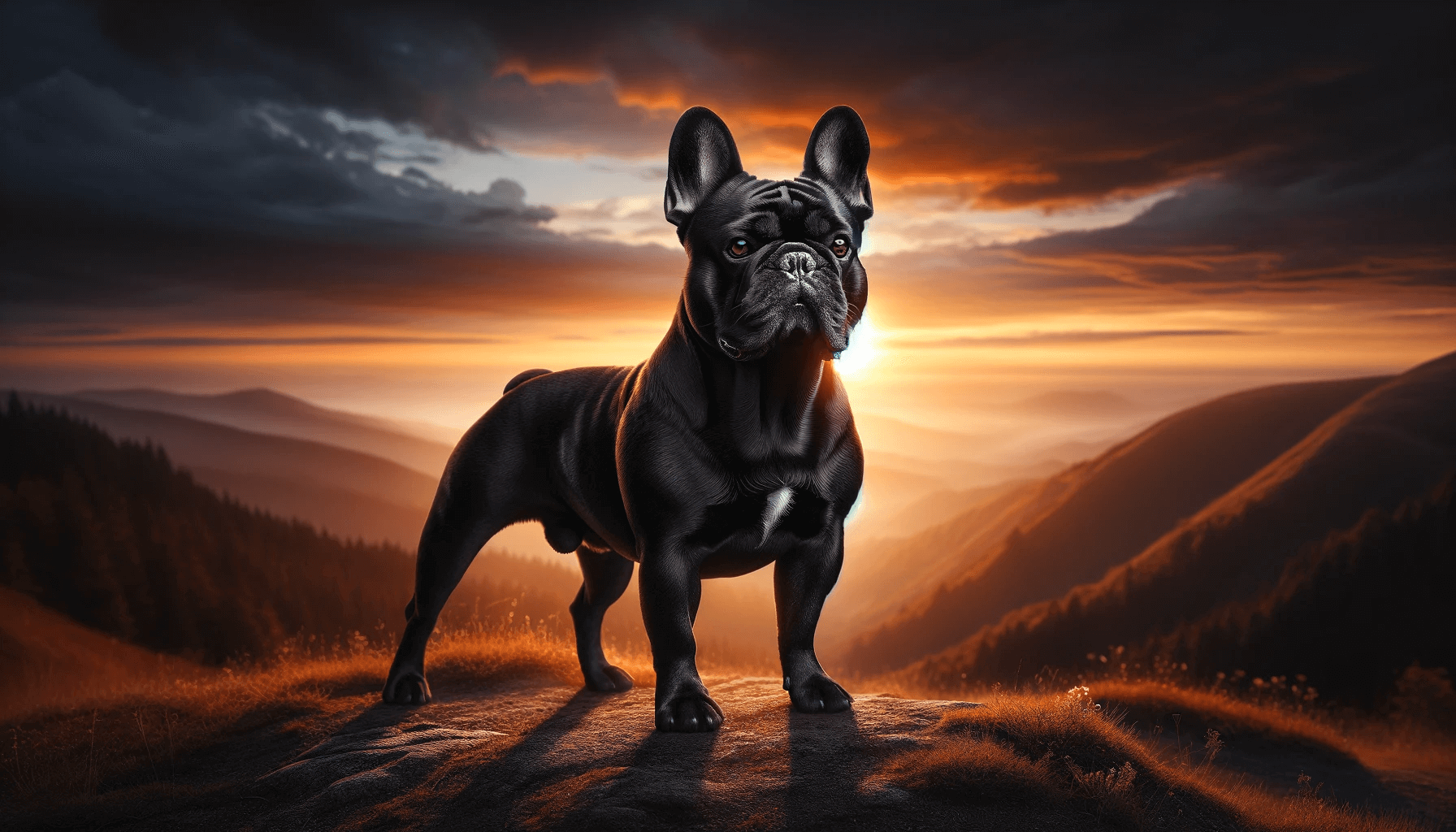 Black French Bulldog Standing on a Hilltop with a Sunset in the Background