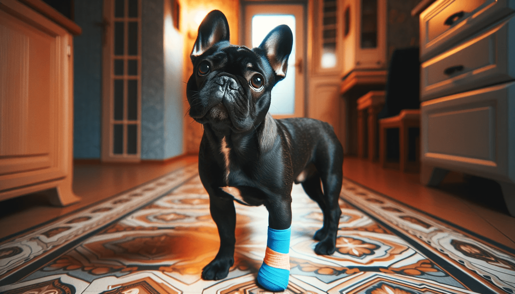 Black French Bulldog with One Bandaged Front Paw Stands on a Patterned Floor Inside a House, Looking Up with a Curious and Attentive Expression