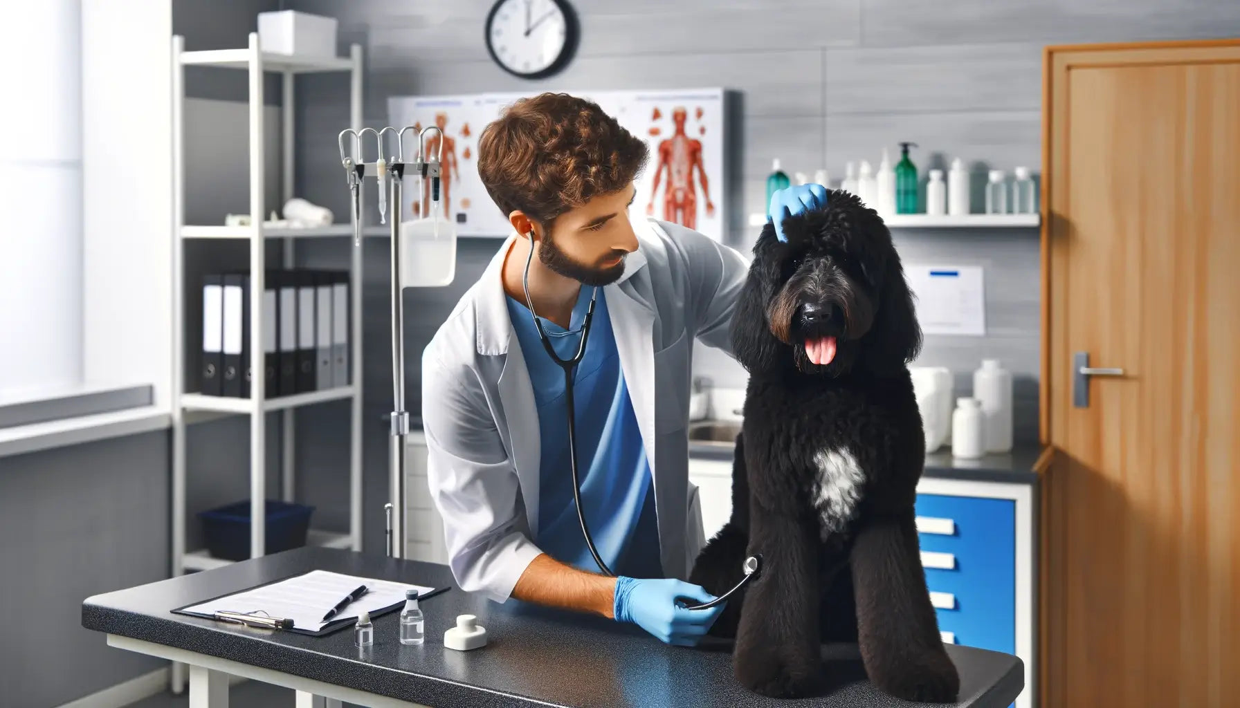 Black Goldendoodle during a veterinary check-up where the veterinarian is inspecting the dog's ears, eyes, and teeth.