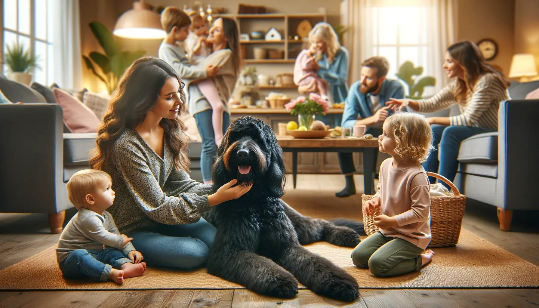 Black Goldendoodle in a family environment, interacting gently with both children and adults in a cozy home setting.