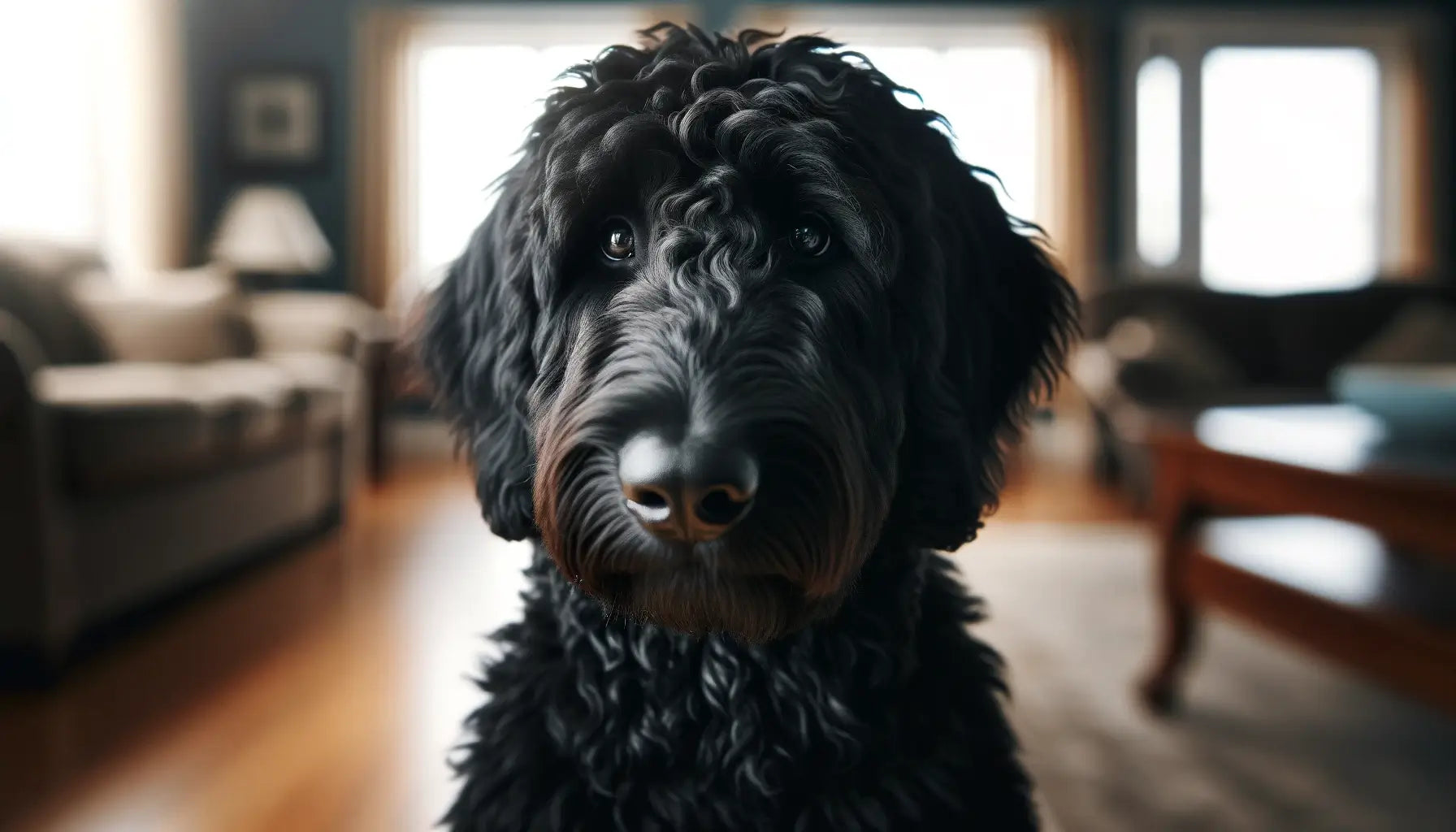 Black Goldendoodle indoors with a focused gaze, featuring tight black curls and a shiny coat.