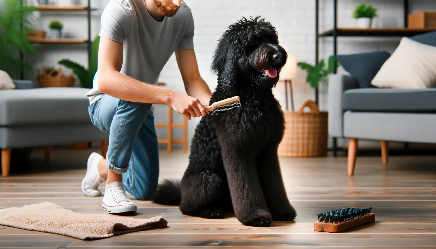 Black Goldendoodle being groomed by its owner at home, with the owner gently brushing the dog's curly black coat.