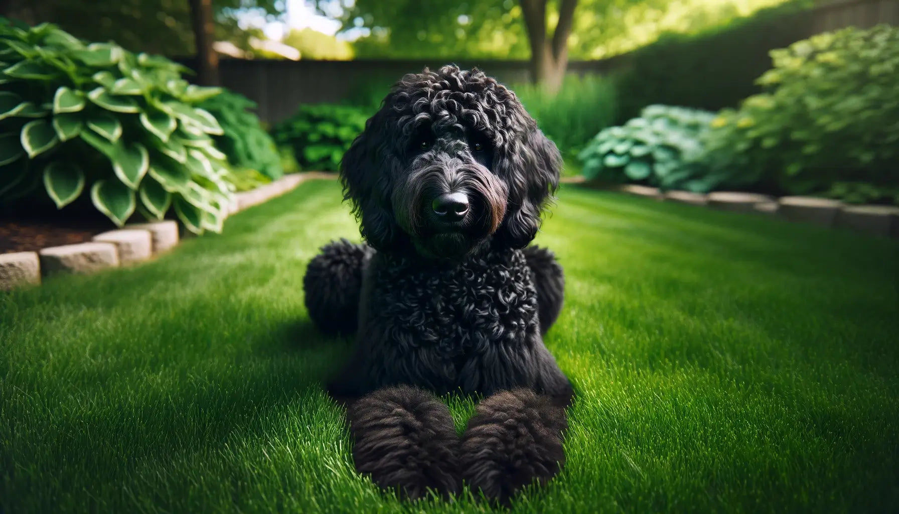 Black Goldendoodle captured in a lush green yard with its curly black fur neatly groomed and a content expression on its face.