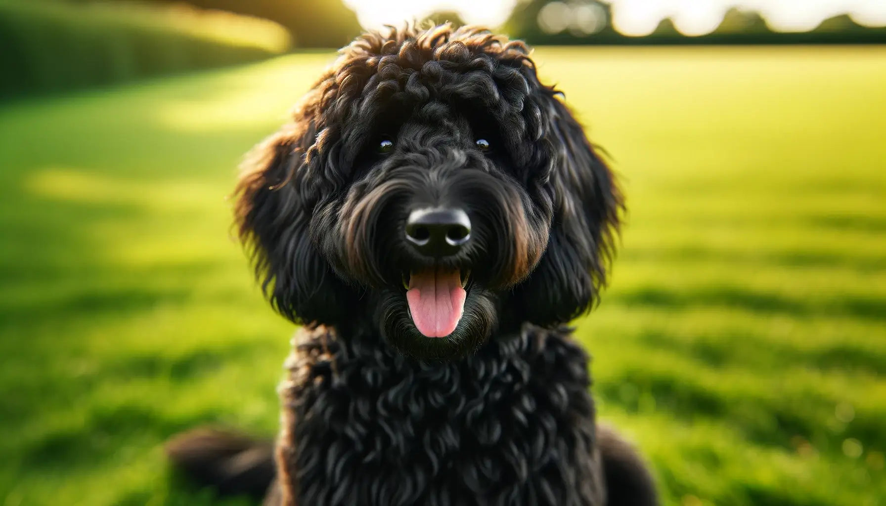 Black Goldendoodle sitting on a grass field, looking directly at the camera with a joyful expression and its tongue slightly out.