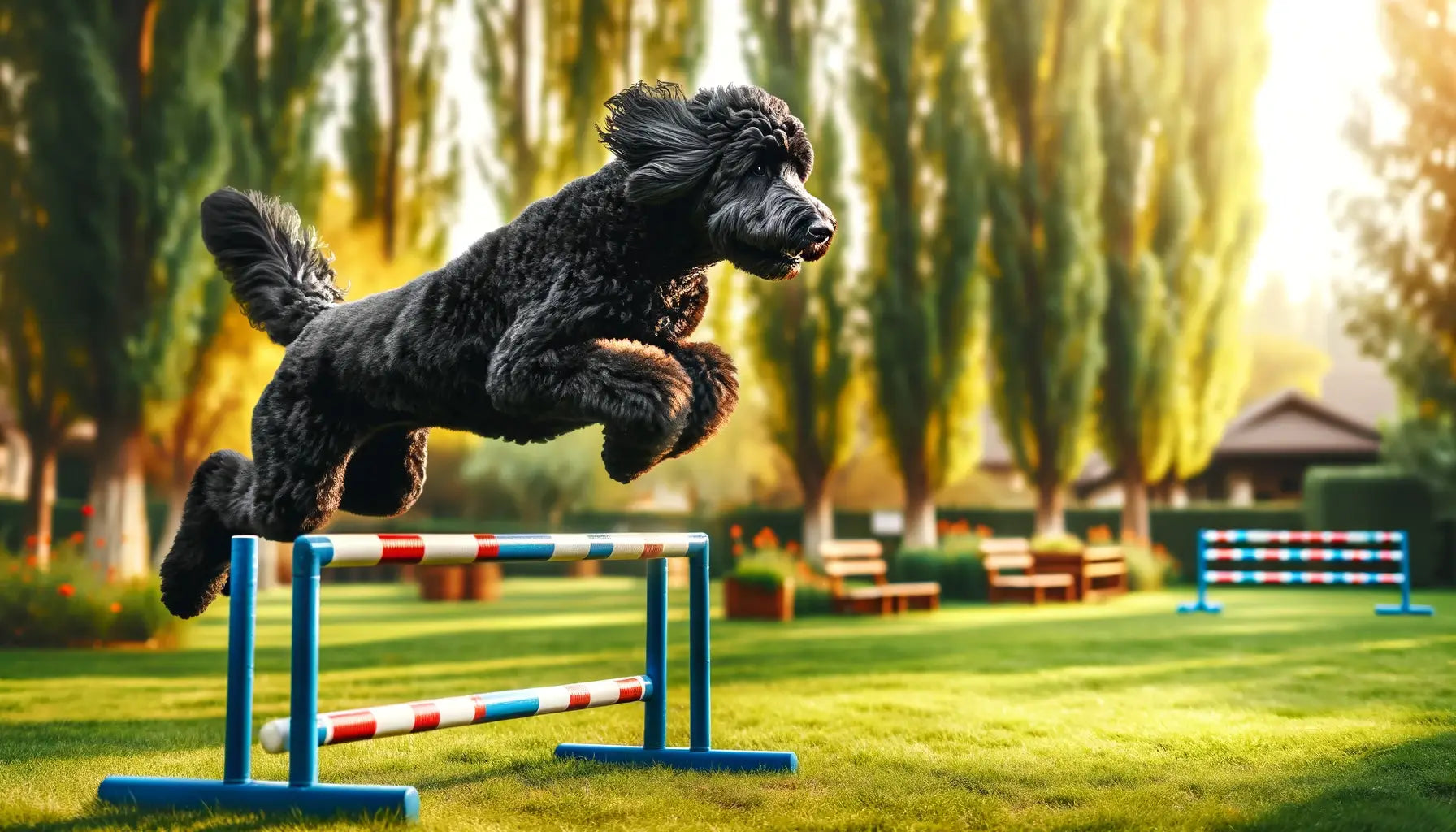 Black Goldendoodle jumping over a hurdle in a park, displaying agility and enthusiasm.
