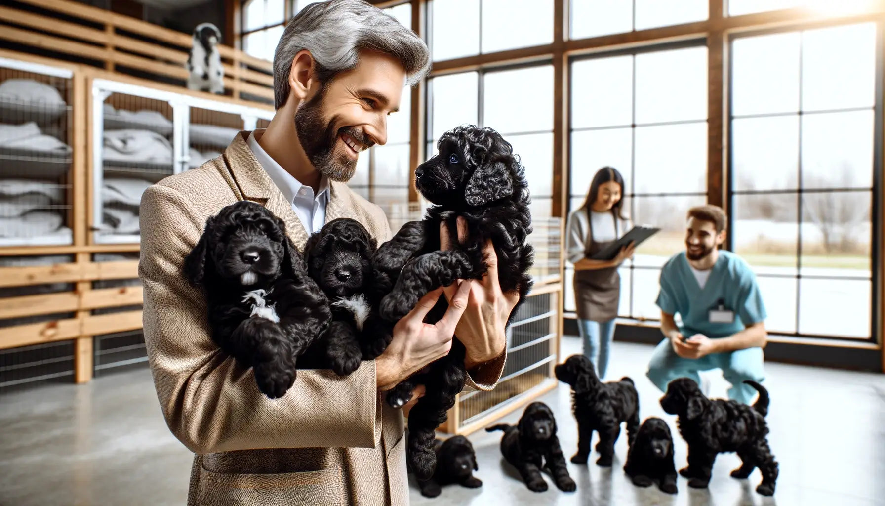 Black Goldendoodle puppies to a prospective owner.