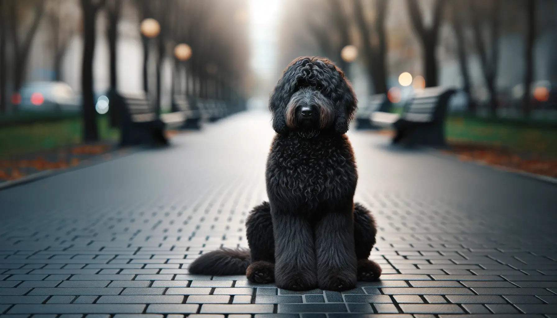 Black Goldendoodle shown sitting on a paved surface outdoors, its shaggy black coat slightly obscuring its eyes.