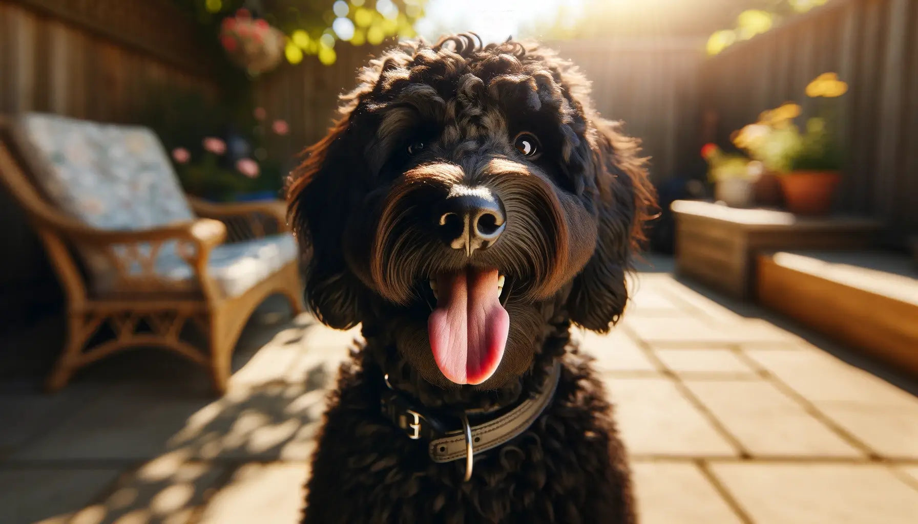 Black Goldendoodle sitting outside with a black collar, displaying its thick curly coat and a tongue-out smile in a sunny setting.