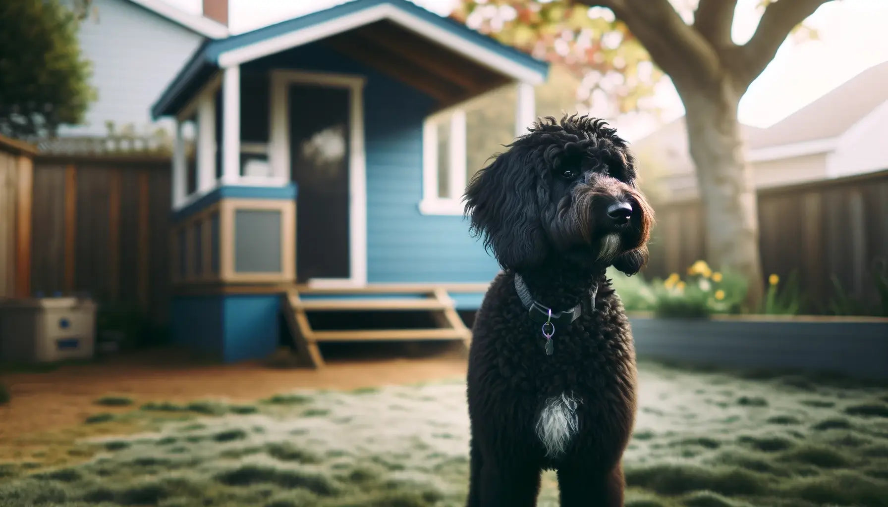 Black Goldendoodle standing in a yard with a blue structure in the background, its coat slightly curly and a collar around its neck.