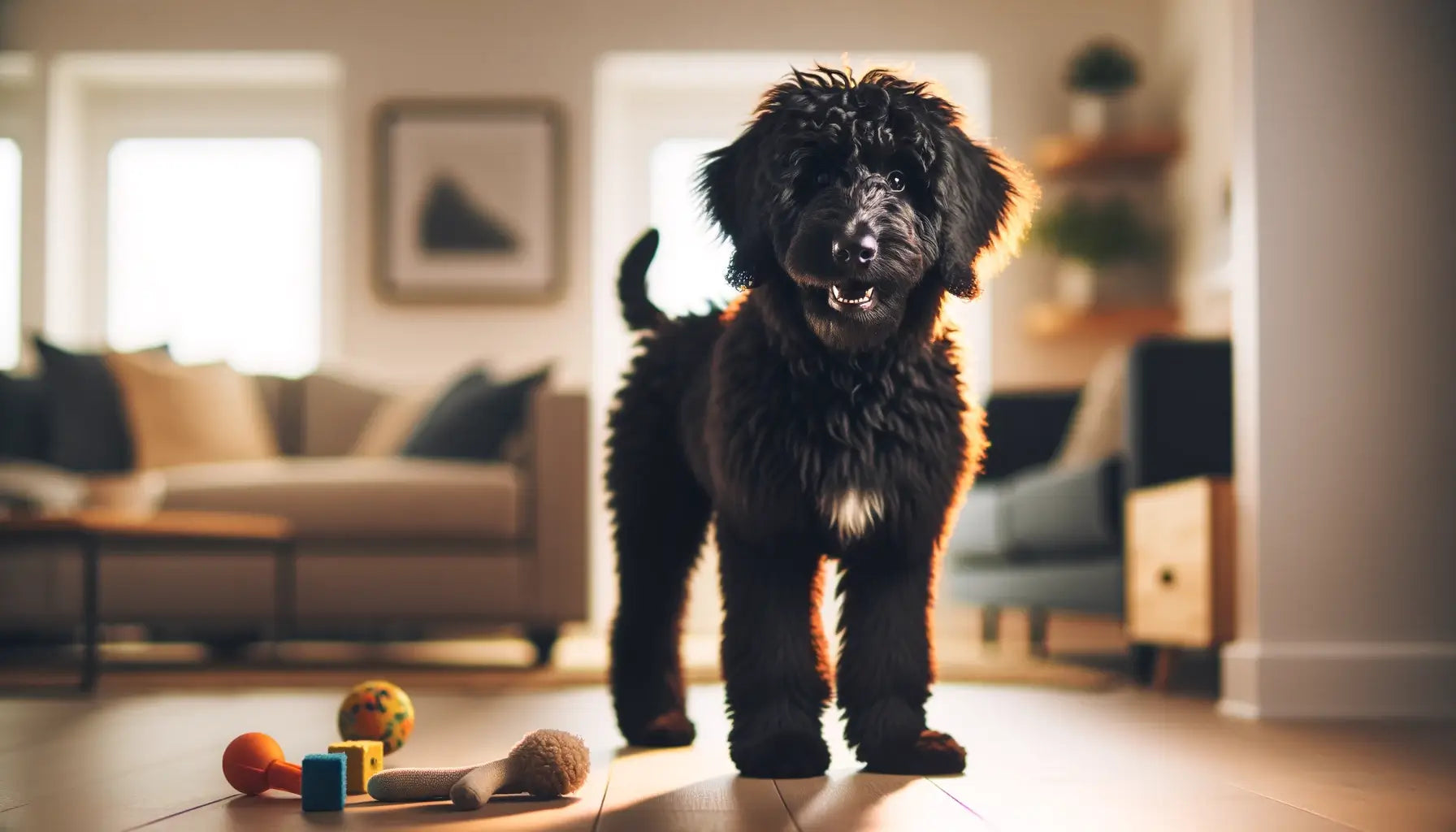 Black Goldendoodle standing indoors with a playful stance, its coat appearing fluffy and its eyes bright with curiosity.