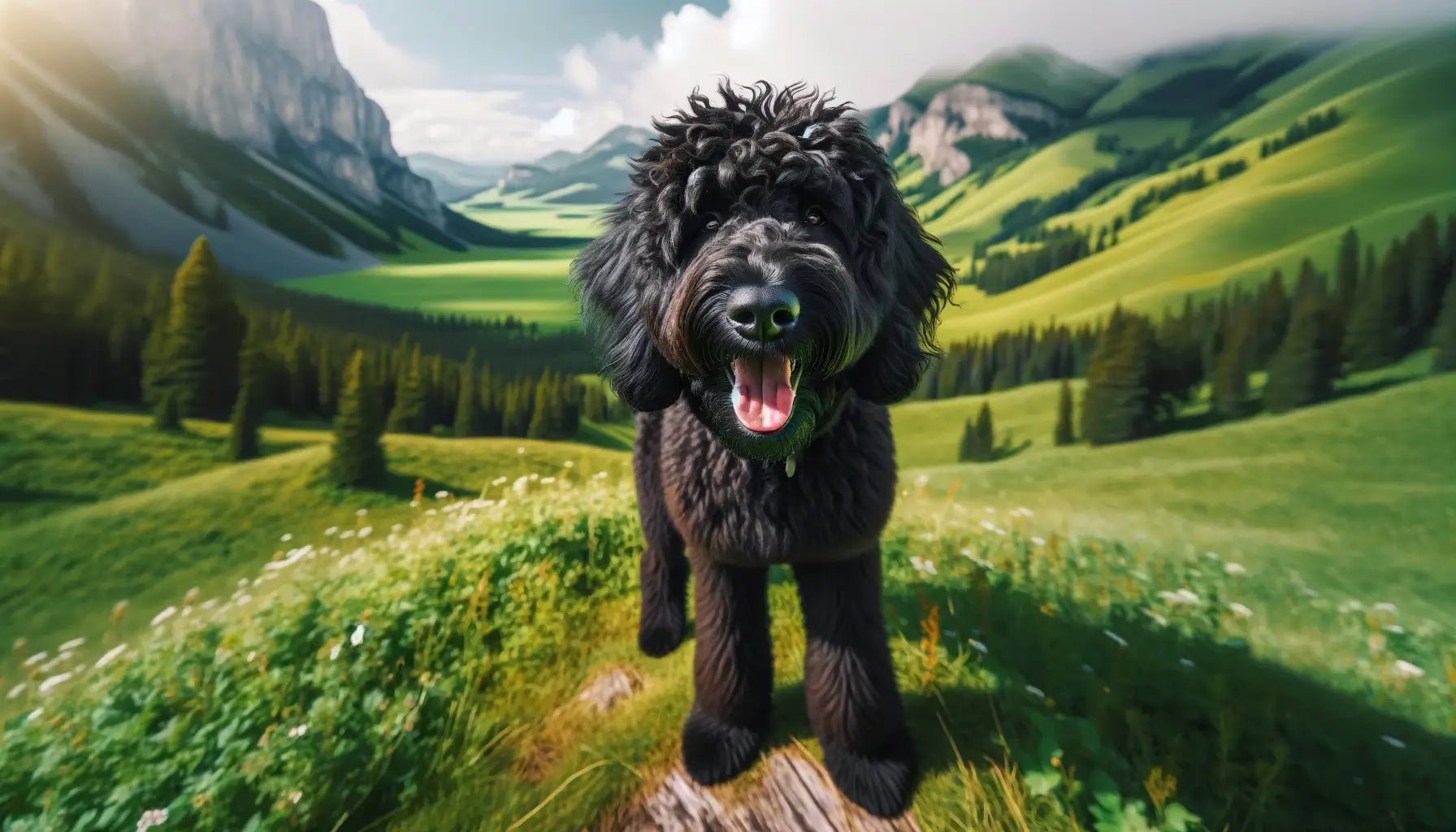 Black Goldendoodle standing on a green hillside with a scenic mountainous background, showcasing its curly black fur and a happy demeanor.