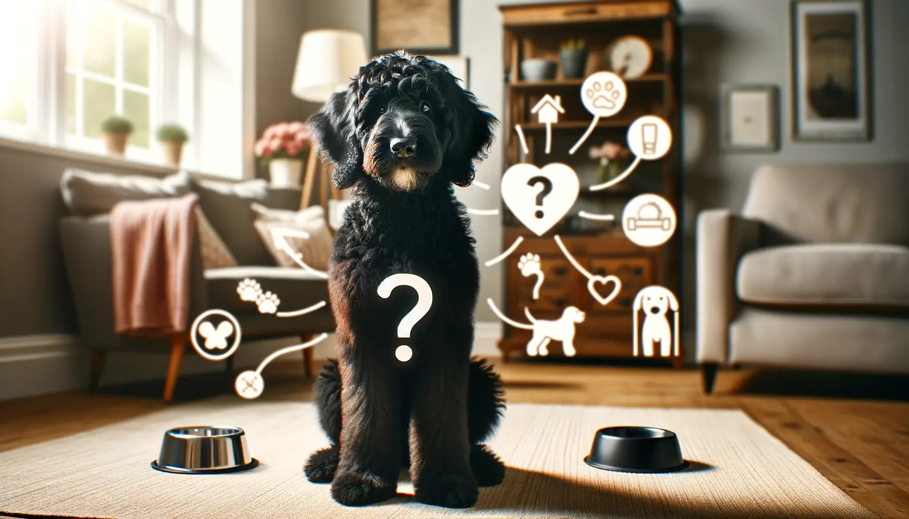Black Goldendoodle with a question mark above its head, symbolizing common inquiries about the breed.